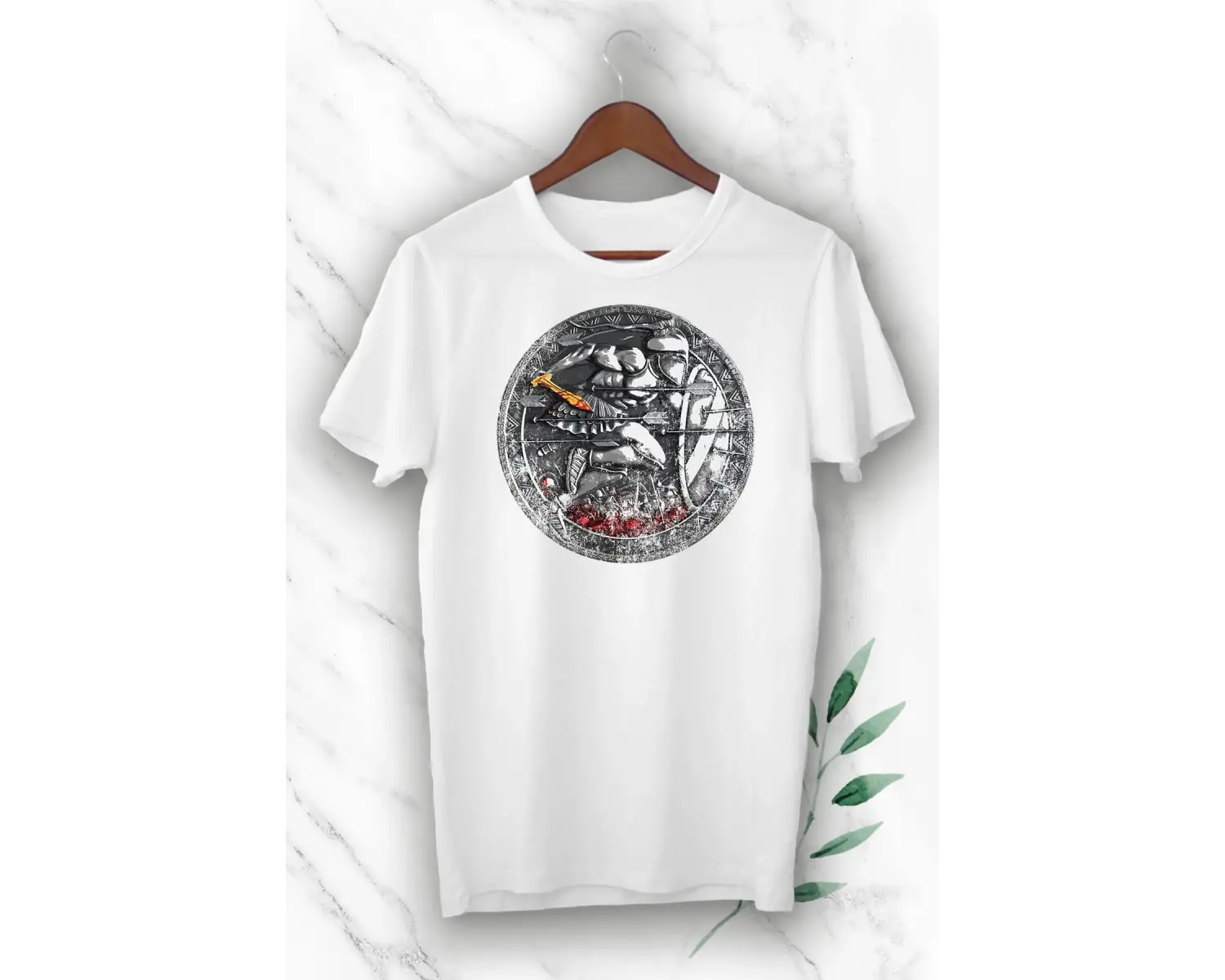 Beyaz Mitoloji Savaşçı Figürü Baskılı Unısex Tişört