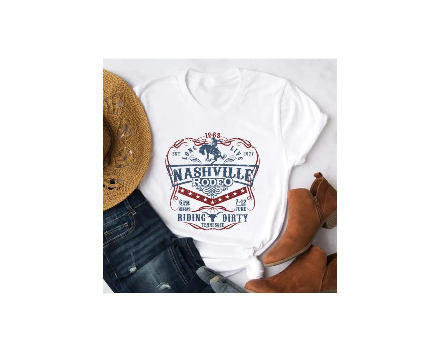 Beyaz Nashville Rodeo Batı Grafik Vintage Kovboy Tennessee Country Müzik a