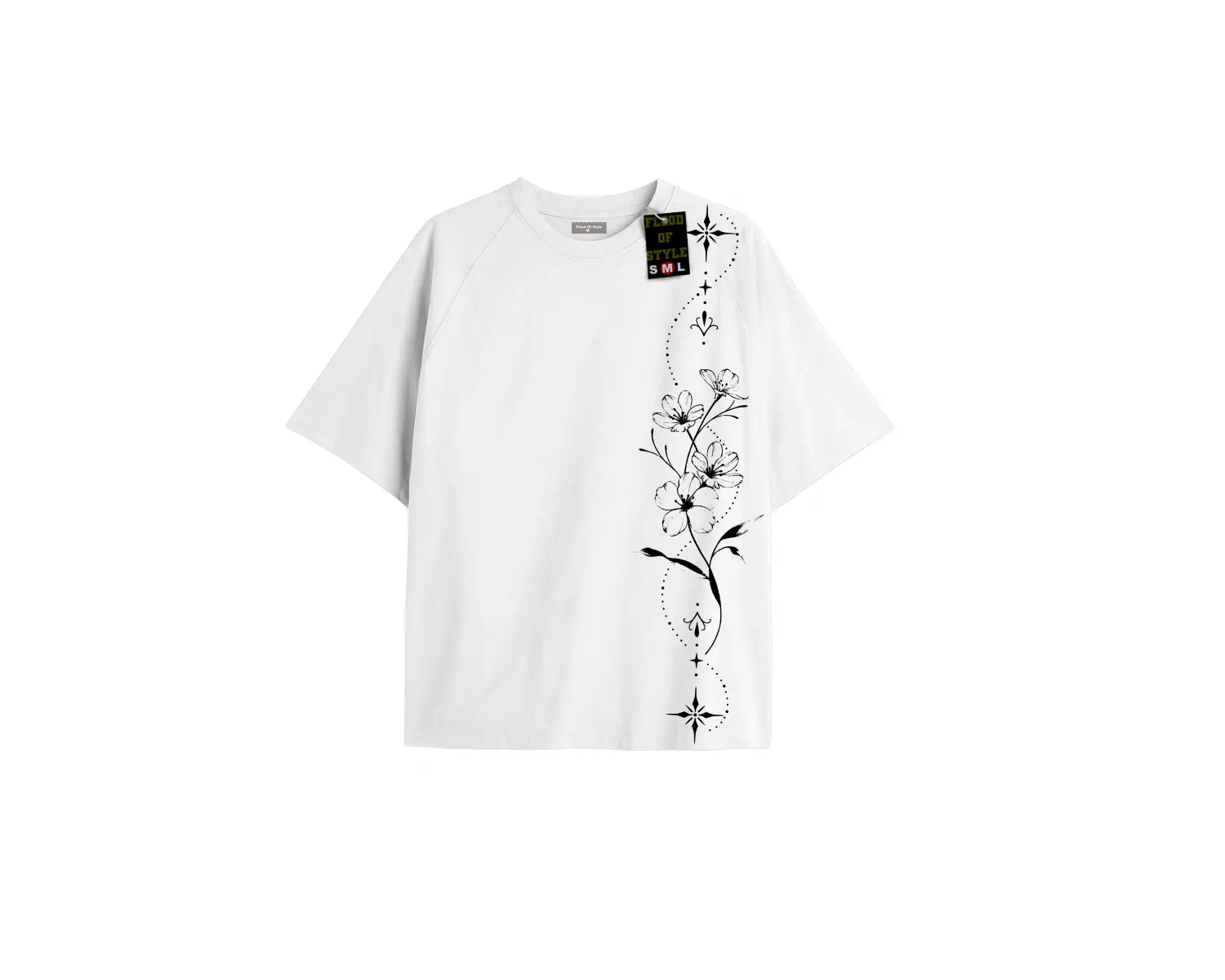 Beyaz Oversize T-shirt çiçek dal yıldız Özel tasarım