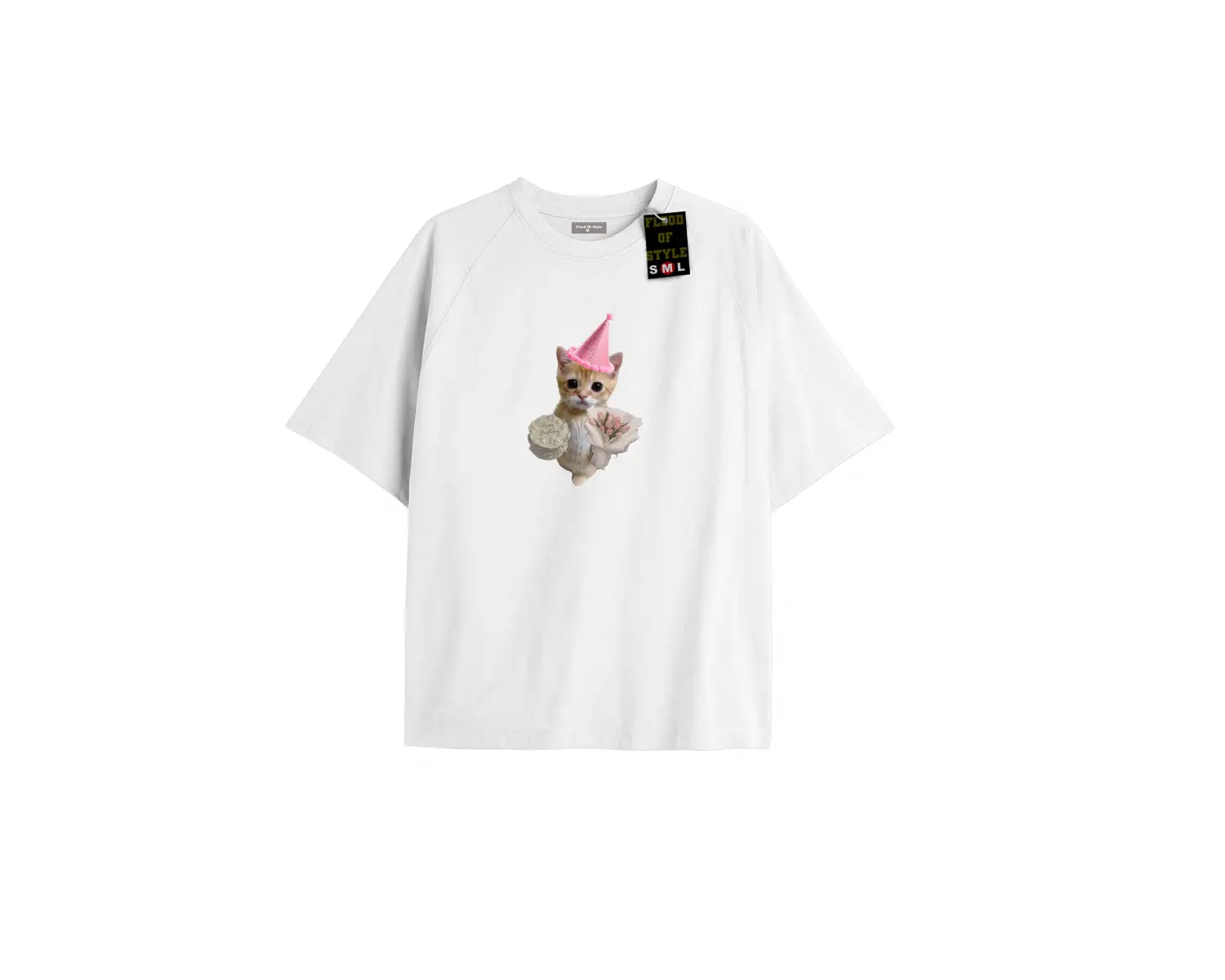 Beyaz Oversize T-shirt happy kedi Özel tasarım