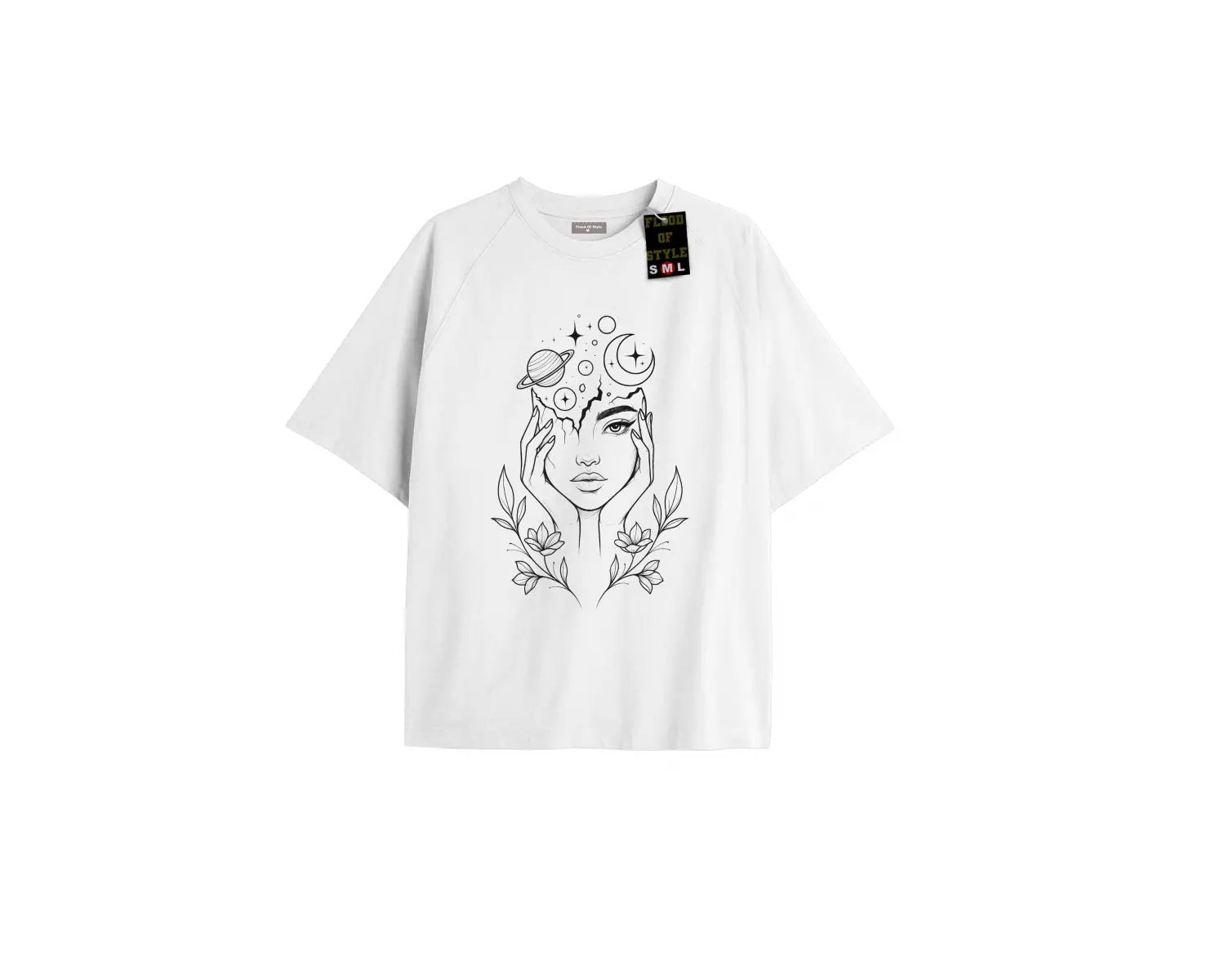 Beyaz Oversize T-shirt yüz çiçek ay çizim Özel tasarım