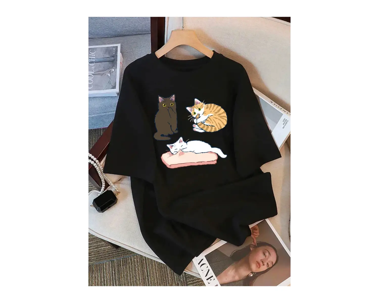 Beyaz Oynak Üç Renkli Yavru Kedi Baskı Gevşek Bisiklet Yaka Üst S