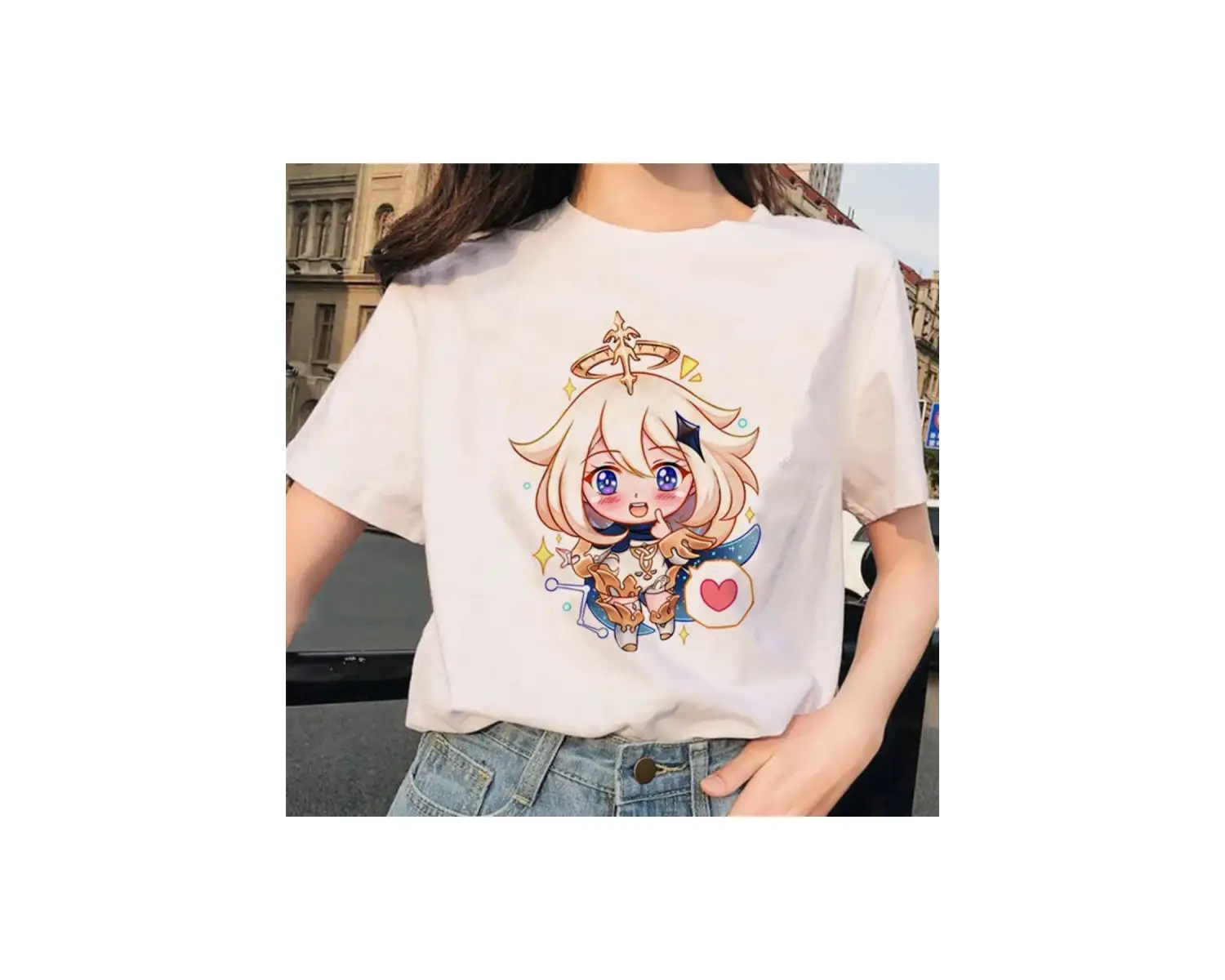 Beyaz Paimon Genshin darbe Venti Xiao Diona dishirt Kaeya karikatür