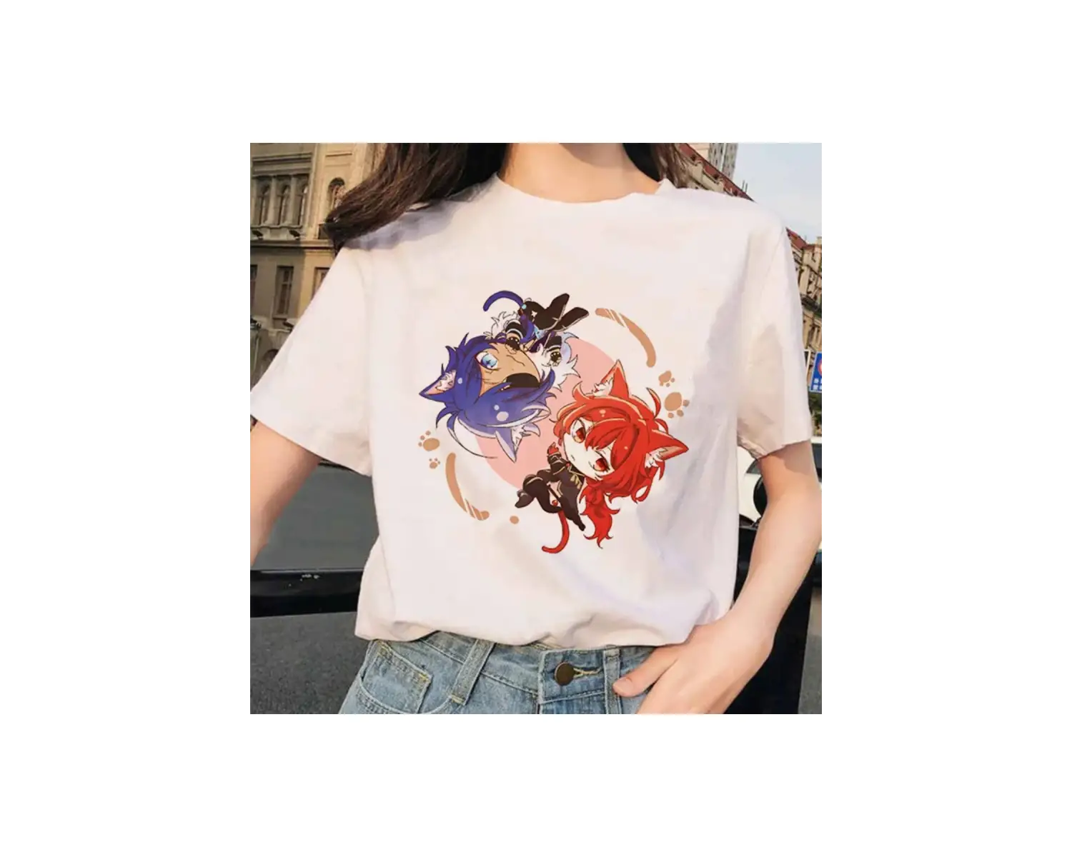 Beyaz Paimon Genshin darbe Venti Xiao Diona dishirt Kaeya karikatür