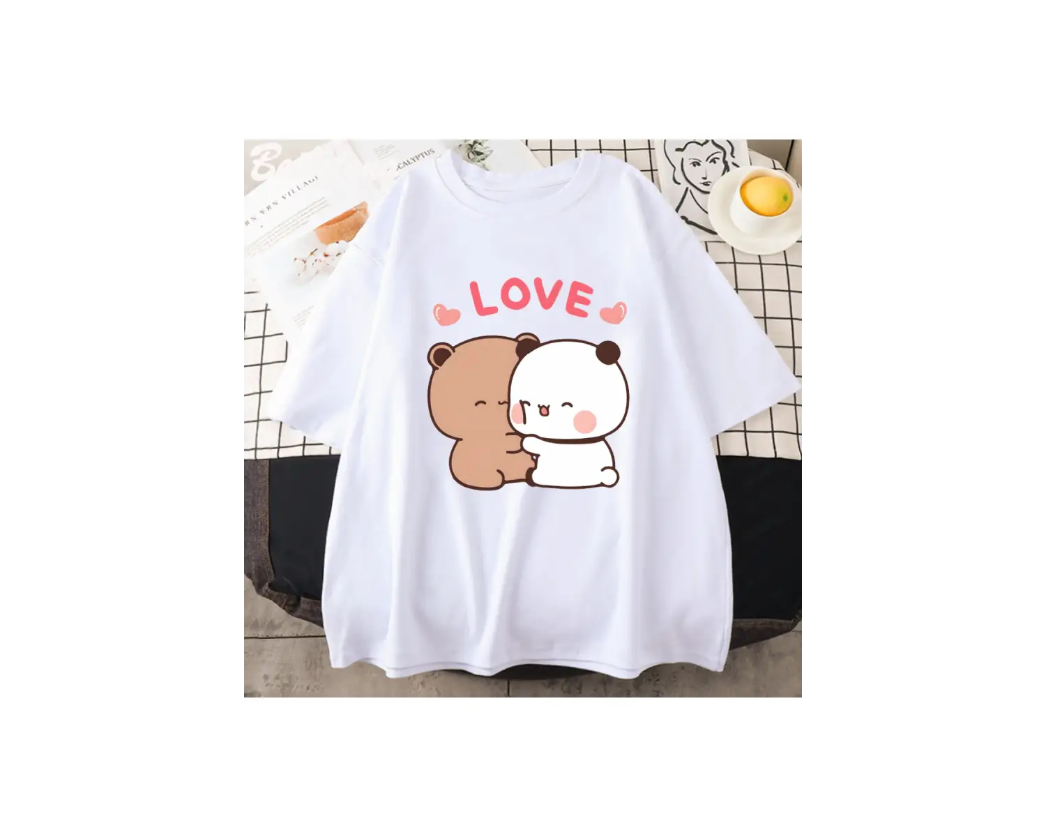 Beyaz Panda ayı aşk Bubu Dudu çift baskı yaz estetik kore Tee
