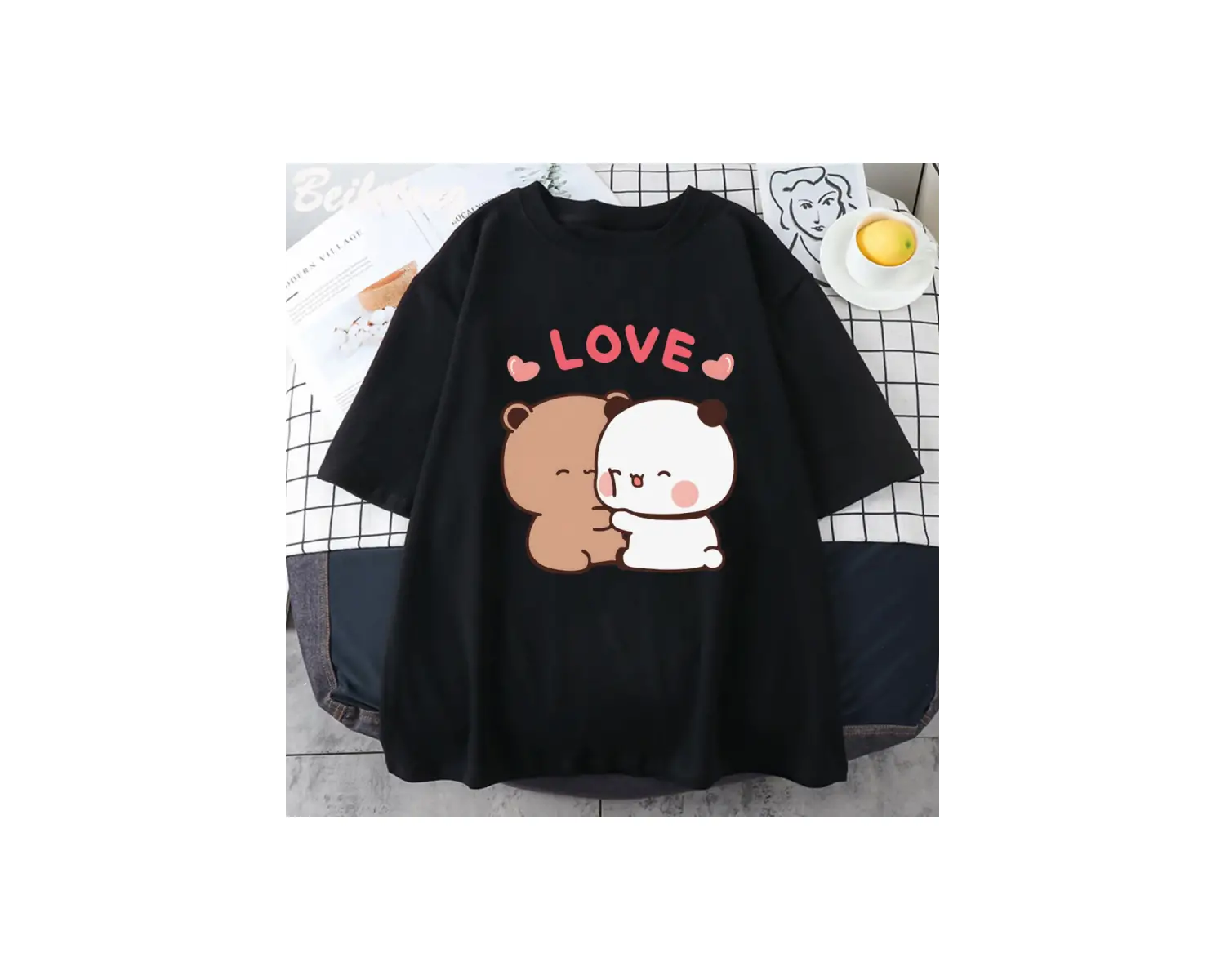Beyaz Panda ayı aşk Bubu Dudu çift baskı yaz estetik kore Tee