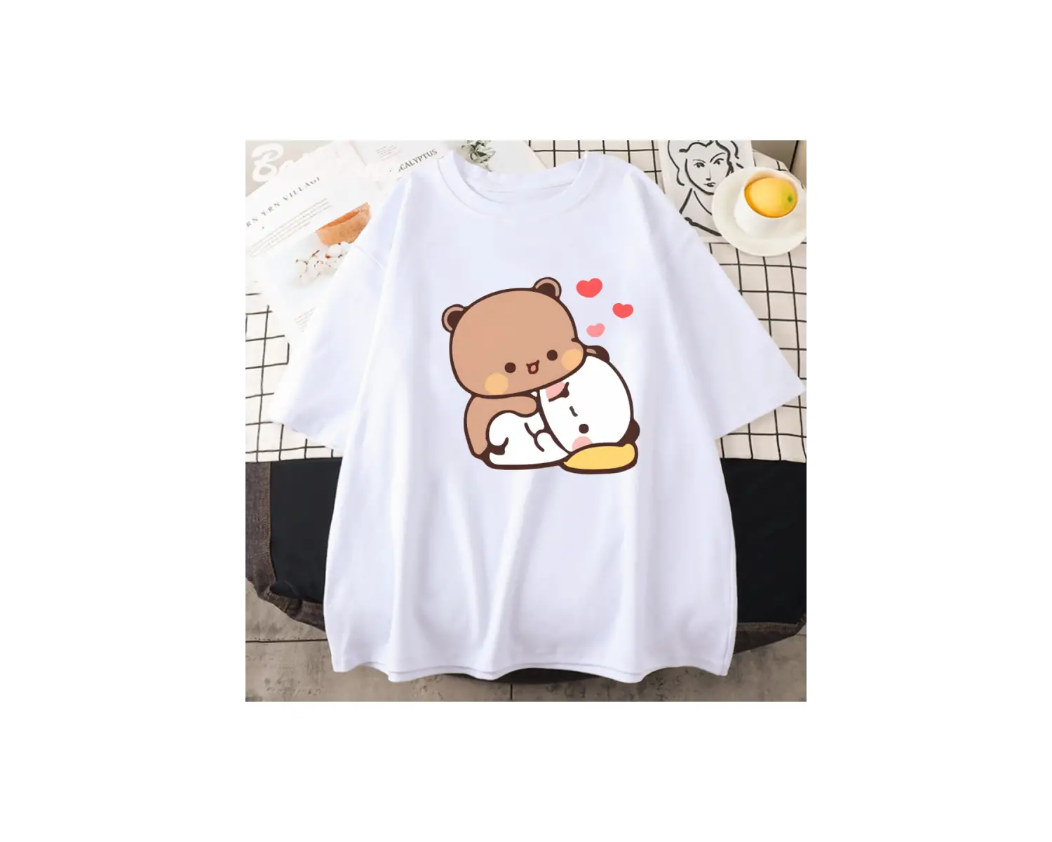 Beyaz Panda Ayı Bubu Dudu Çift Üstleri Seni Seviyorum Sevimli Baskı Yaz