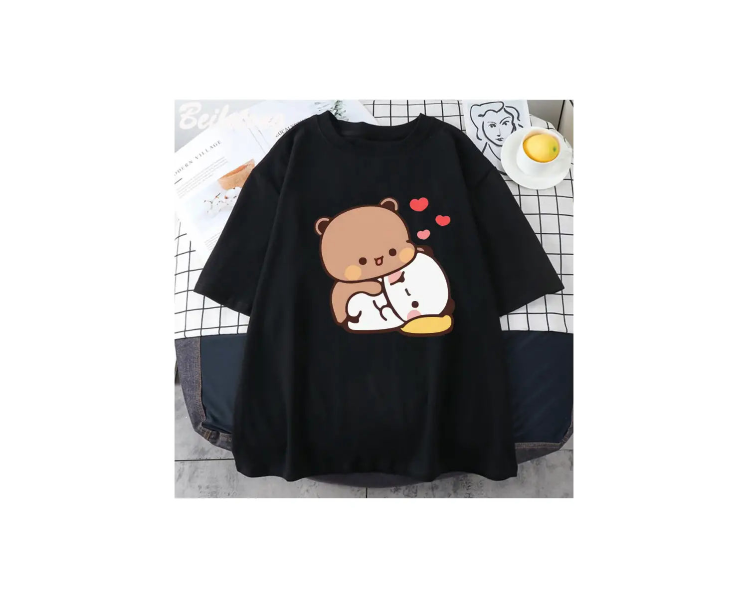 Beyaz Panda Ayı Bubu Dudu Çift Üstleri Seni Seviyorum Sevimli Baskı Yaz