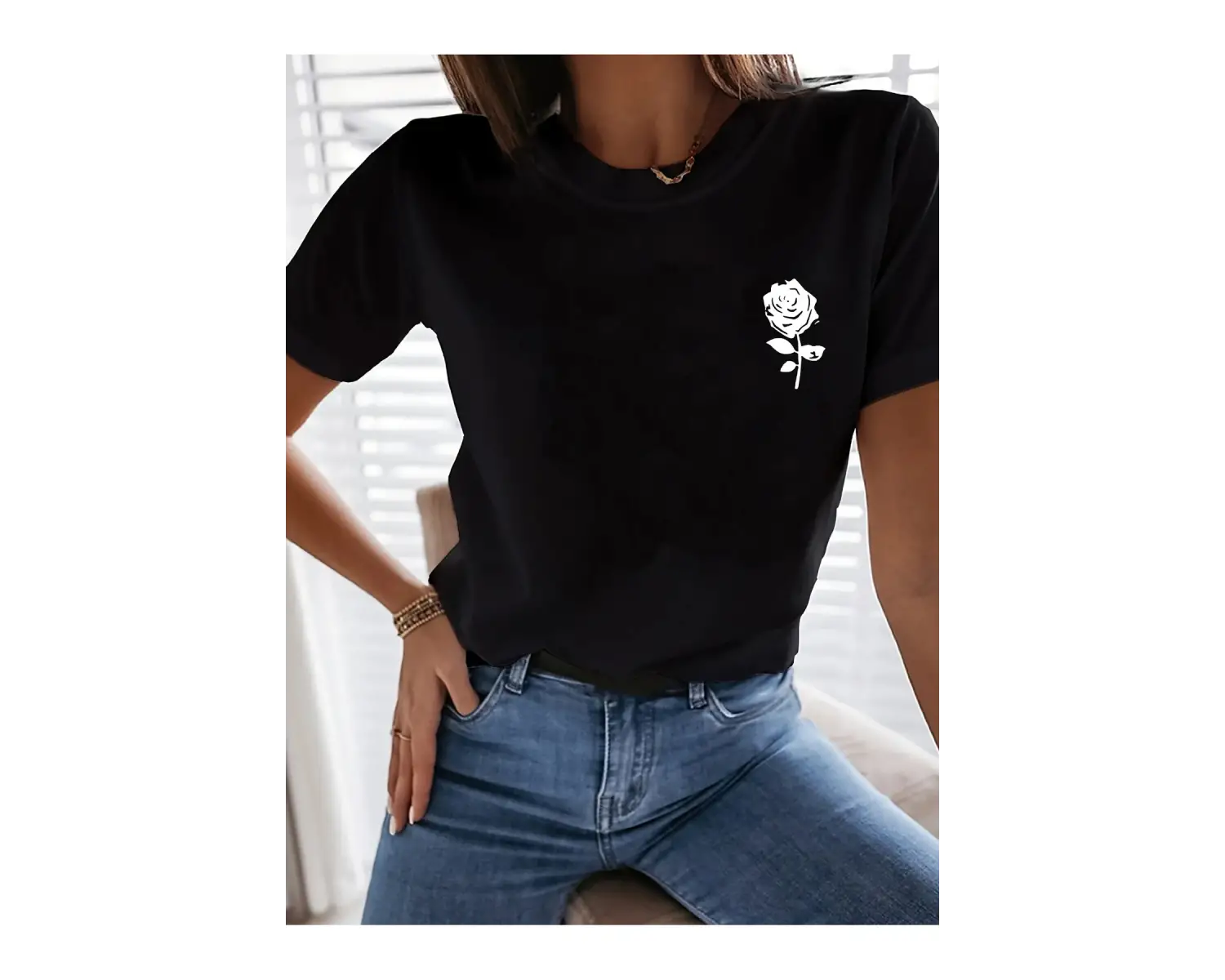 Beyaz Pembe Çiçek Baskı Yumuşak Gevşek Üst Grafik Yaz