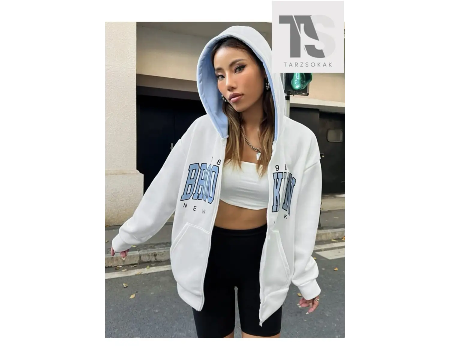 Beyaz Pembe Kapüşonlu Fermuarli Brooklyn Oversize