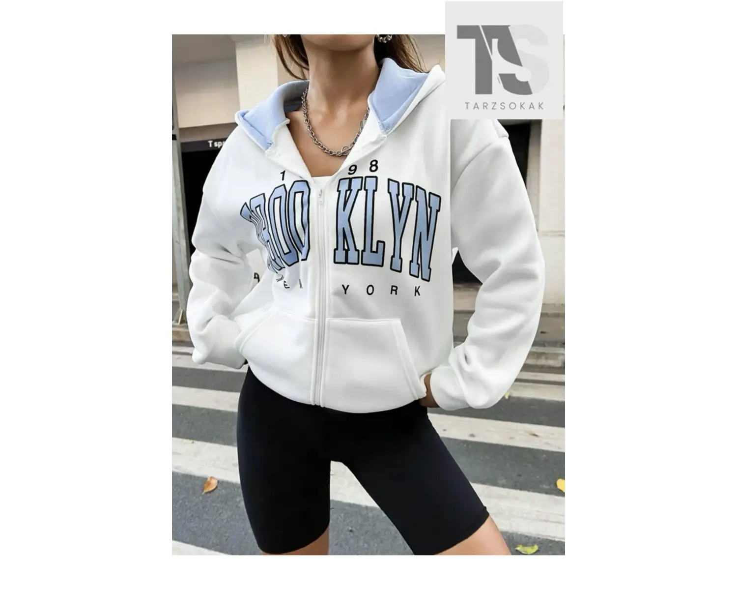 Beyaz Pembe Kapüşonlu Fermuarli Brooklyn Oversize