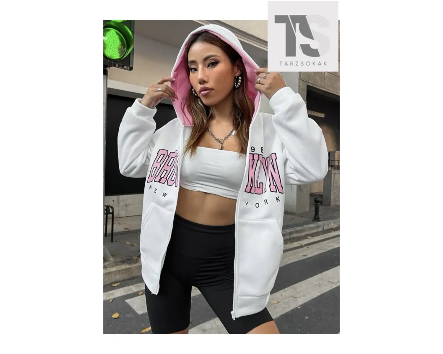 Beyaz Pembe Kapüşonlu Fermuarli Brooklyn Oversize