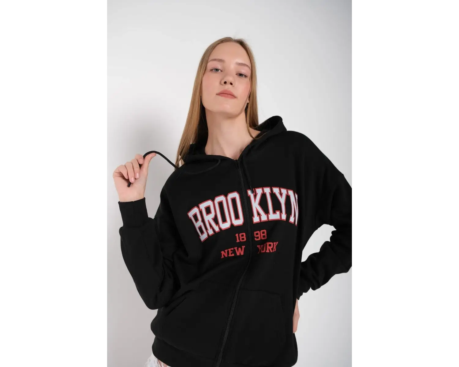 Beyaz Pembe Kapüşonlu Fermuarli Brooklyn Oversize