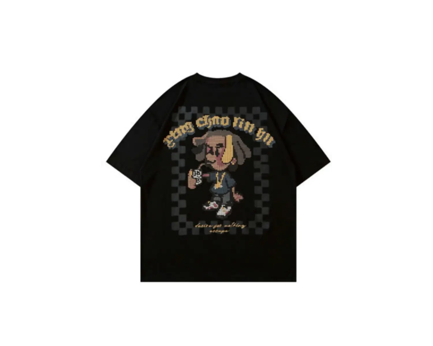 Beyaz Pixel Karikatür Baskılı Bisiklet Yaka Oversize Erkek Tişört