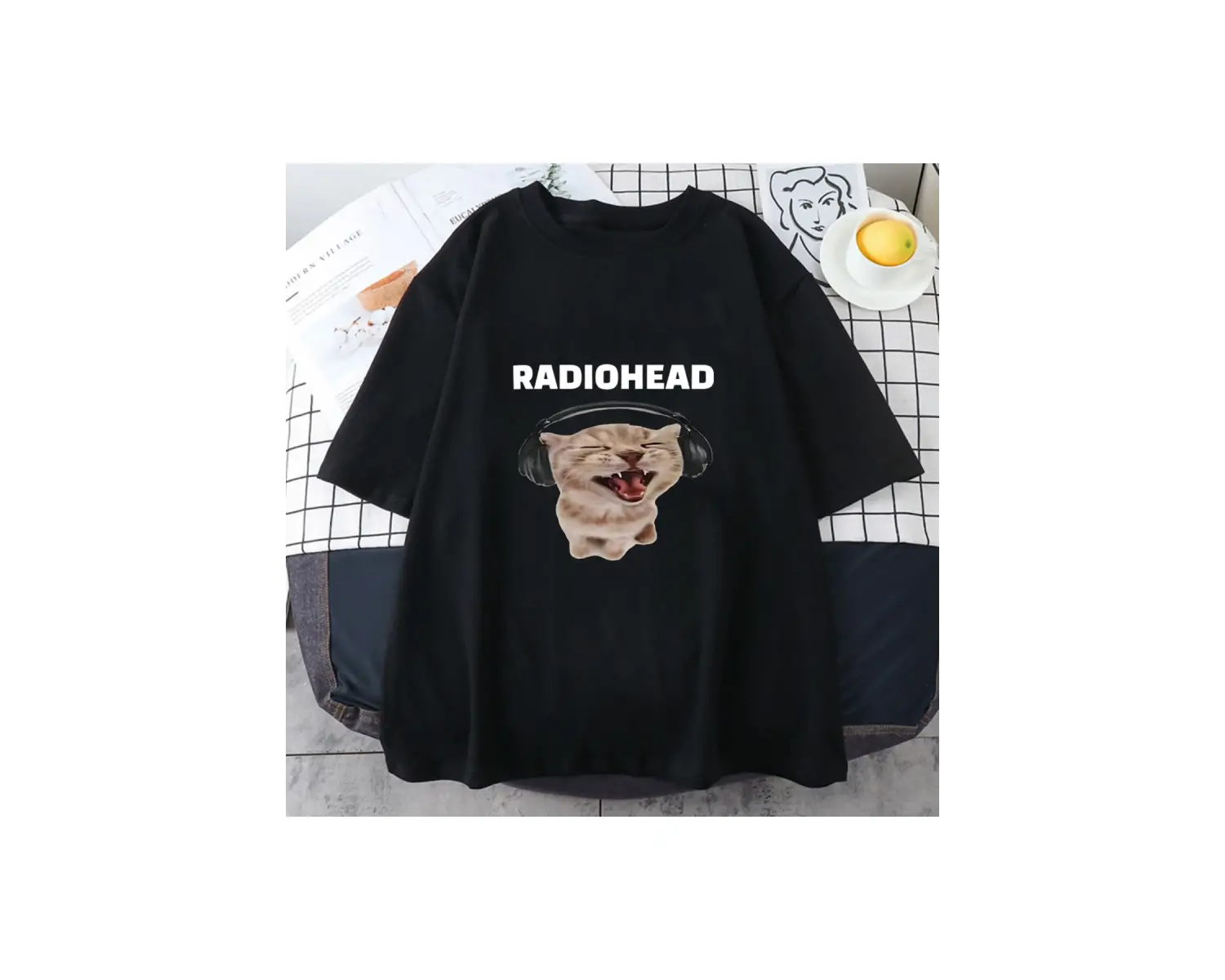 Beyaz Radiohead Kedi Karikatür Baskı /Erkek ahar Pam
