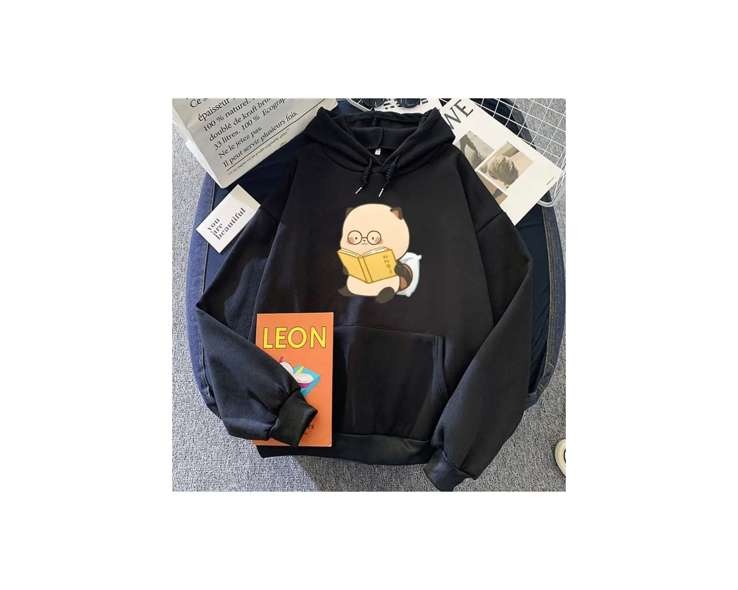 Beyaz Rakun okuma grafik Hoodies rahat rahat sevimli