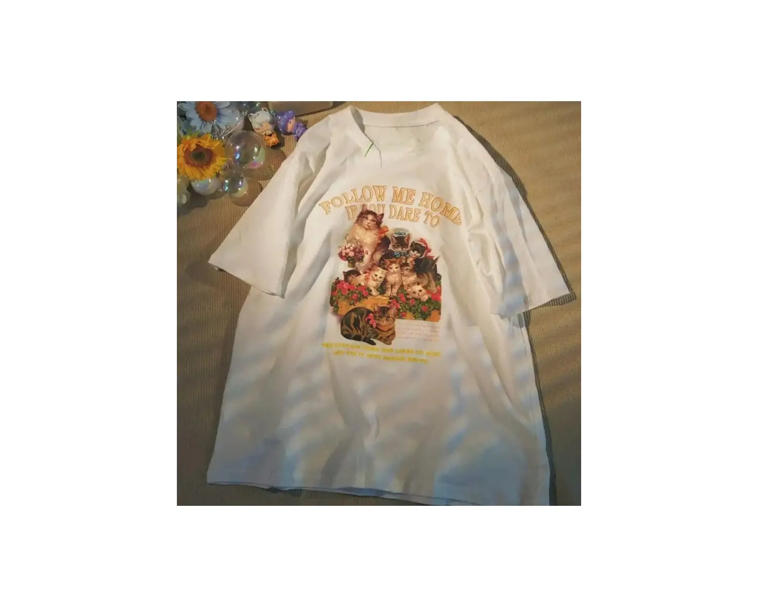 Beyaz Renkli Yavru Baskı Ekip Boyun harajuku Y2k üyük Boy