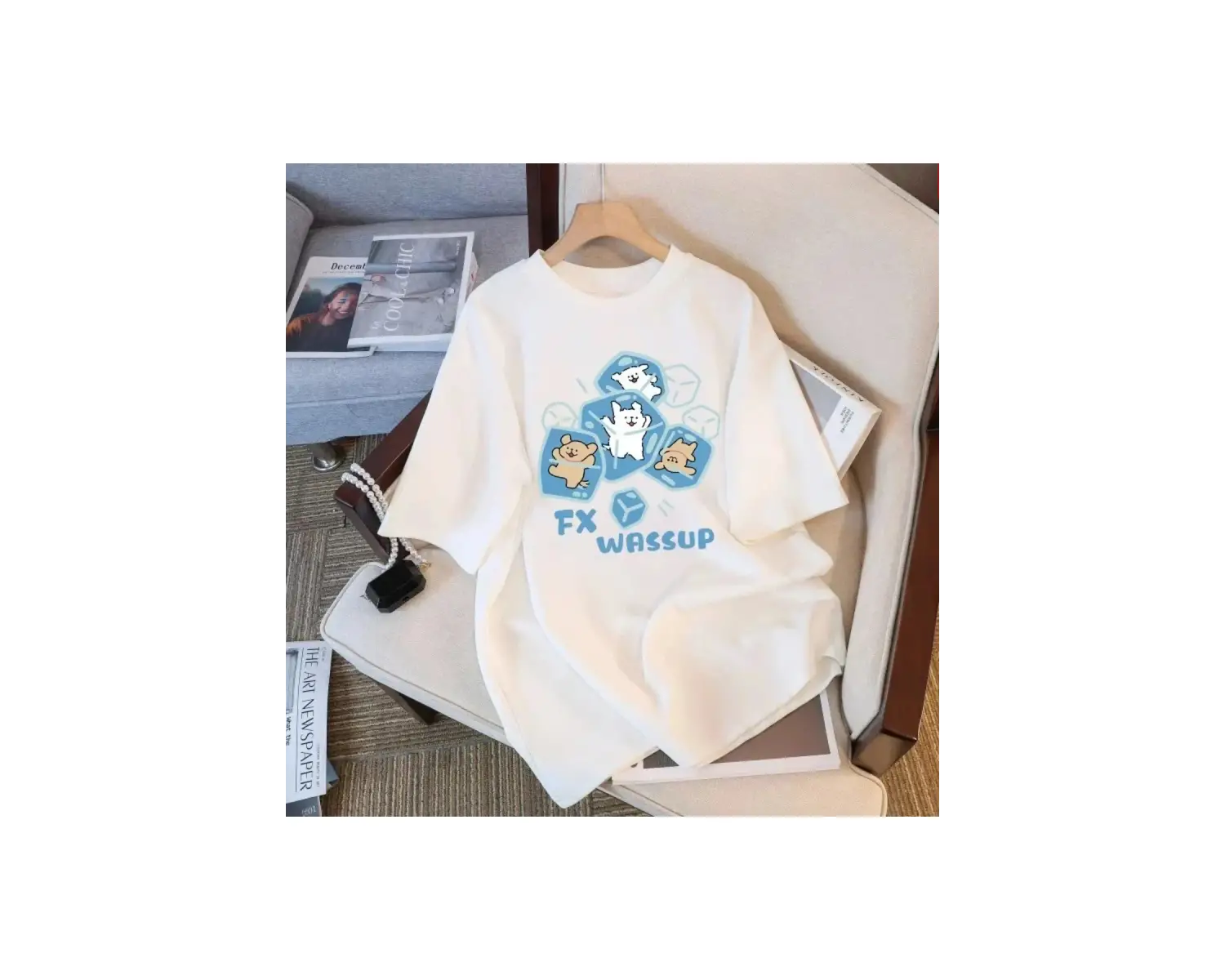 Beyaz s Round Neck Short Sleeve Loose Cute Cat Print Summer Y2K Kawaii Wo