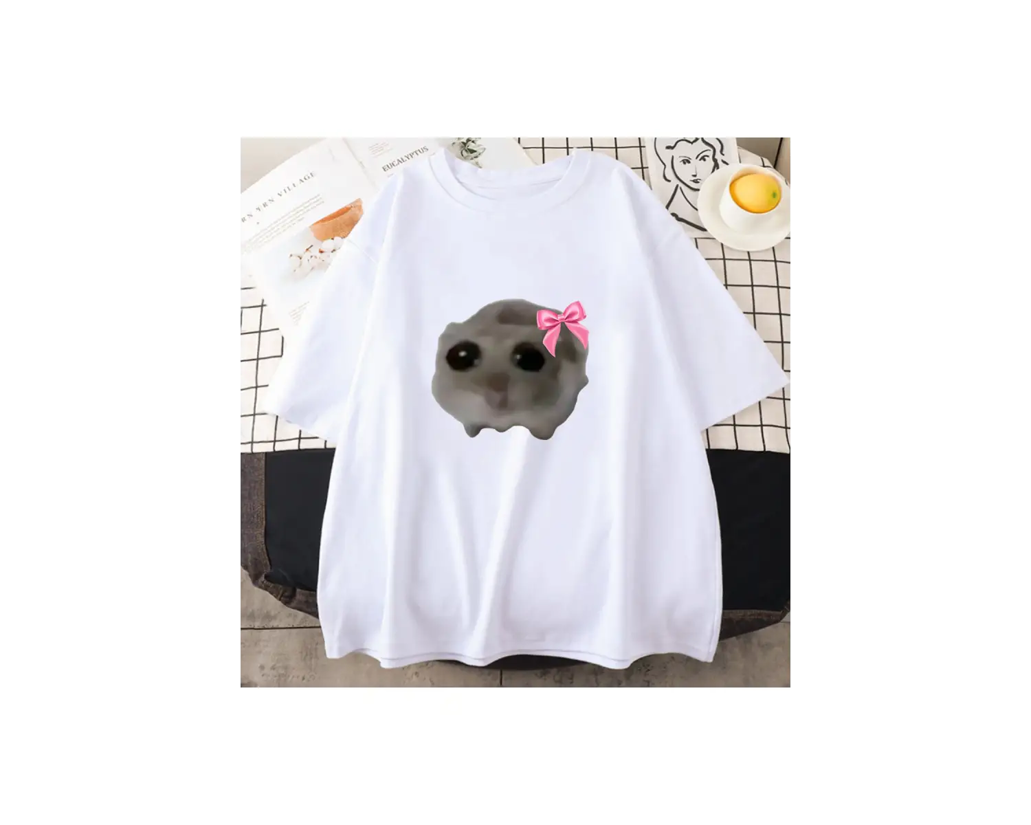 Beyaz Sad Hamster Tshirt Karikatür Grafik baskılı Pembe Yaz Tshirt Streetweed Kı