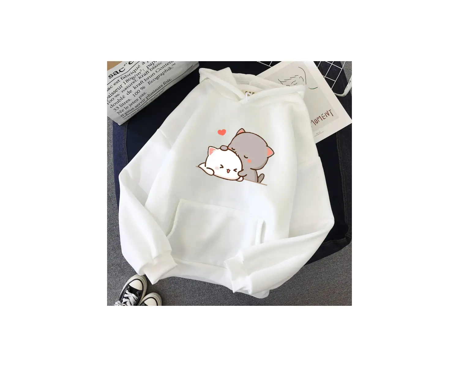 Beyaz Şeftali kedi Kawaii Hoodie 2021 sevimli üstleri boy karikatür