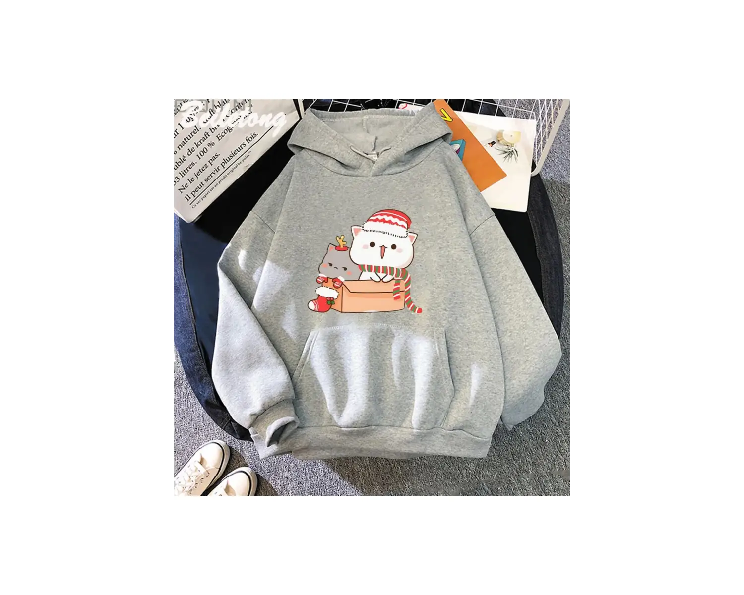 Beyaz Şeftali ve Goma Mochi Kedi Hoodie Streetweed Noel Baskılı Kawaii