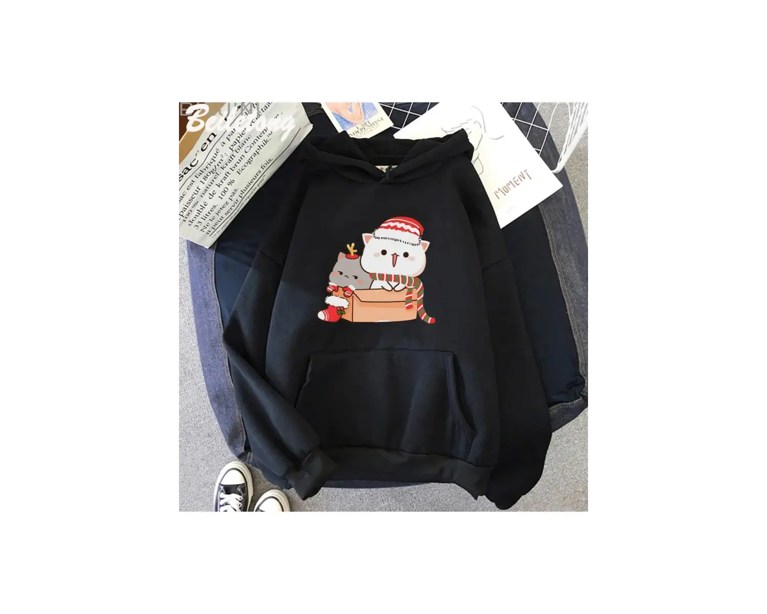 Beyaz Şeftali ve Goma Mochi Kedi Hoodie Streetweed Noel Baskılı Kawaii