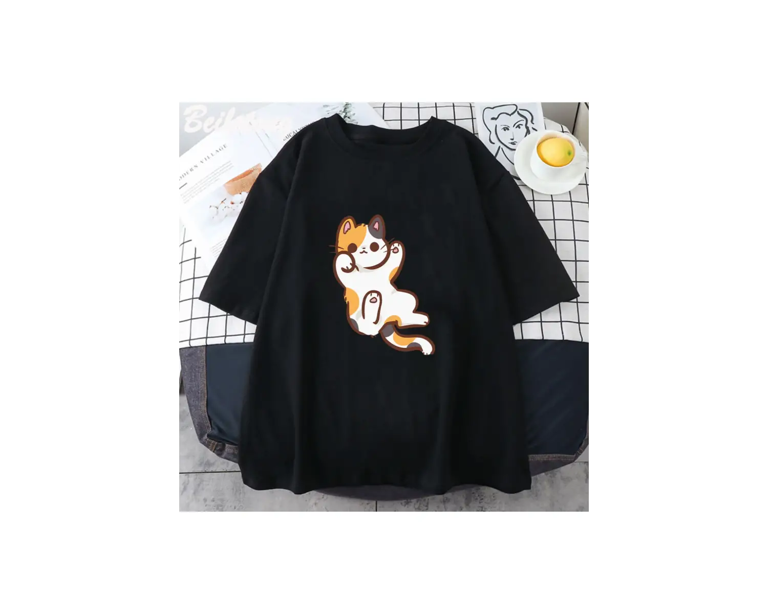 Beyaz Sevimli Patiska Kedi Grafik Yeni Yaz Tshirt Tee Harajuku Estetik Pembe Üst