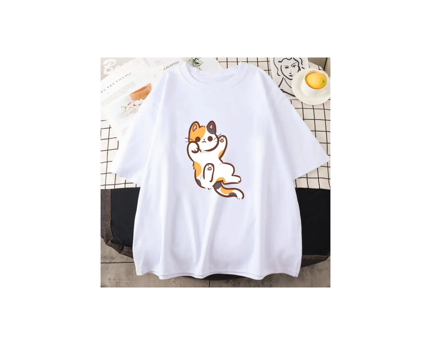 Beyaz Sevimli Patiska Kedi Grafik Yeni Yaz Tshirt Tee Harajuku Estetik Pembe Üst