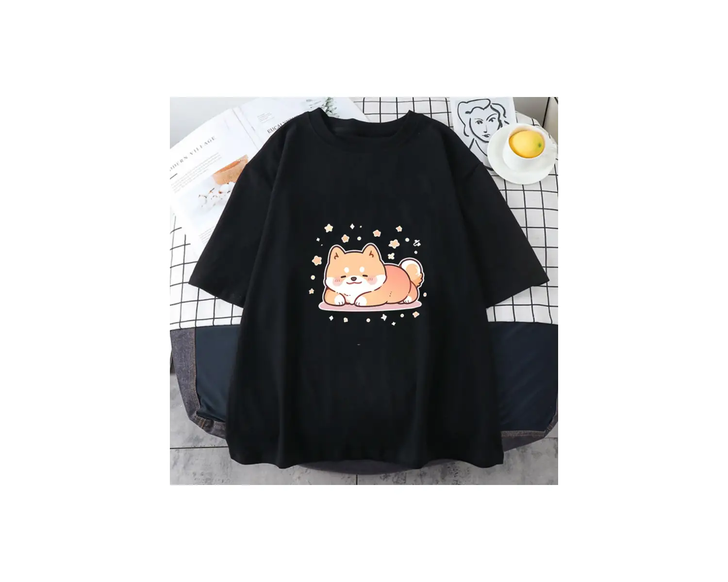 Beyaz Shiba Inu Köpek Baskı Yaz/ O-Boyun Stree