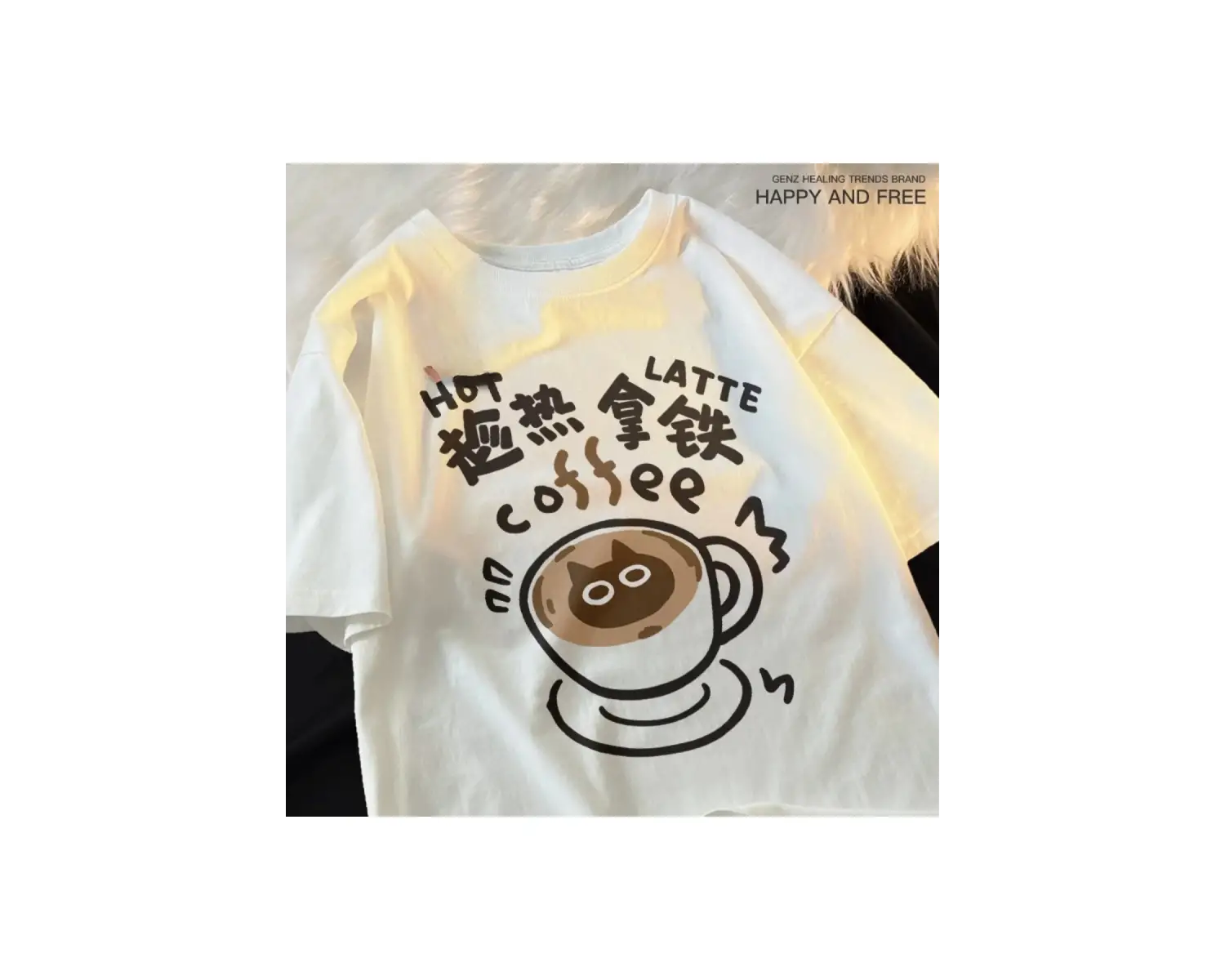 Beyaz Sıcak Latte Kahve Kedi Komedi Bahar Kedi Omuz Damla Japon Tarzı Çift