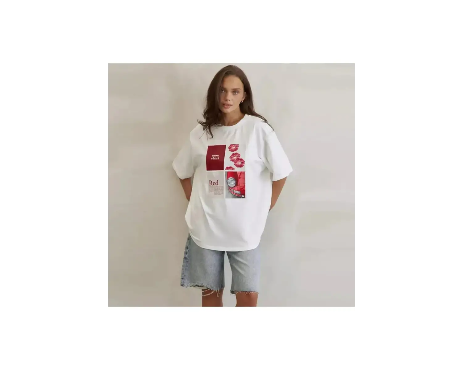 Beyaz Şık Kalp Mektup Baskılı Gevşek O-Boyun Yarım Kollu Tee Yaz