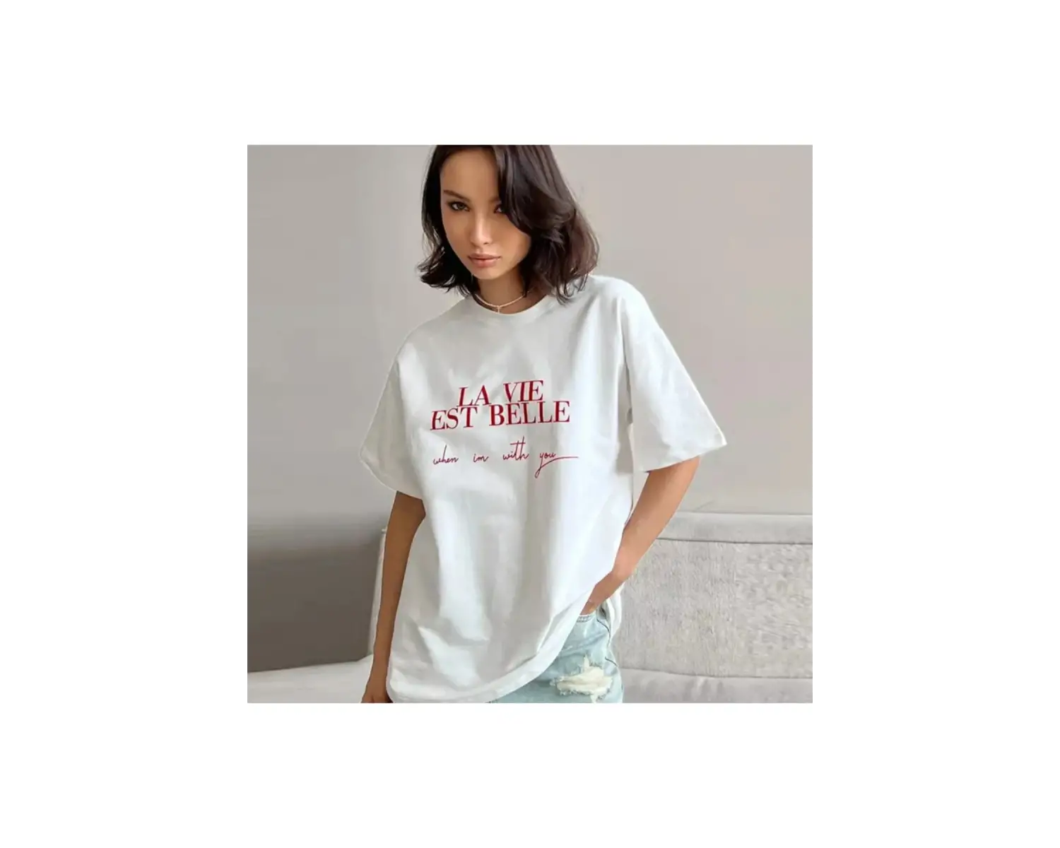 Beyaz Şık Kalp Mektup Baskılı Gevşek O-Boyun Yarım Kollu Tee Yaz