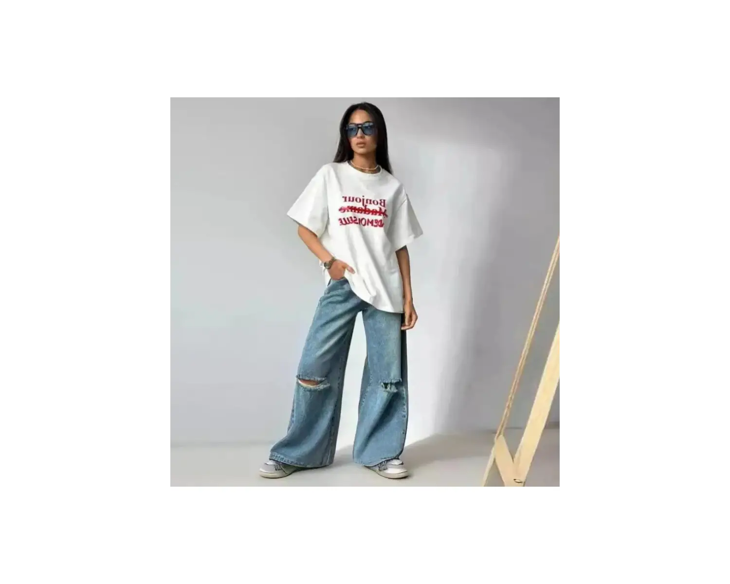 Beyaz Şık Kalp Mektup Baskılı Gevşek O-Boyun Yarım Kollu Tee Yaz