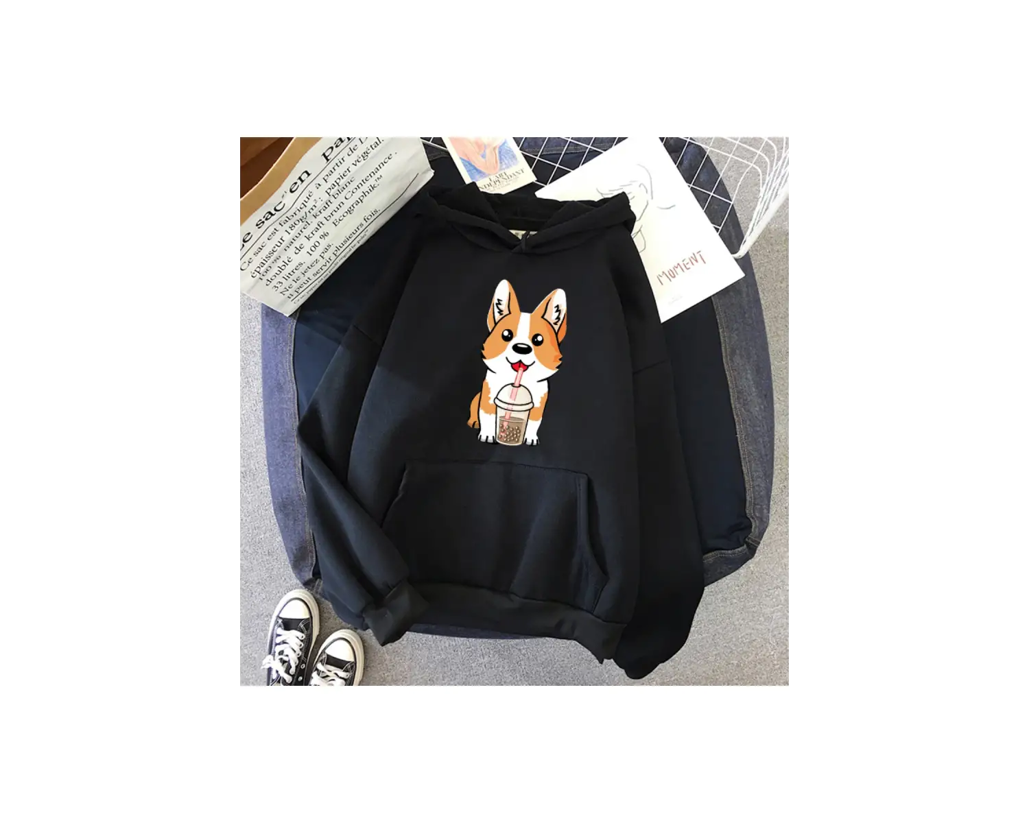 Beyaz Süt çay bardağı Corgi moda Unisex Hoodies bahar sonbaharrahat Hoodies öğrenci