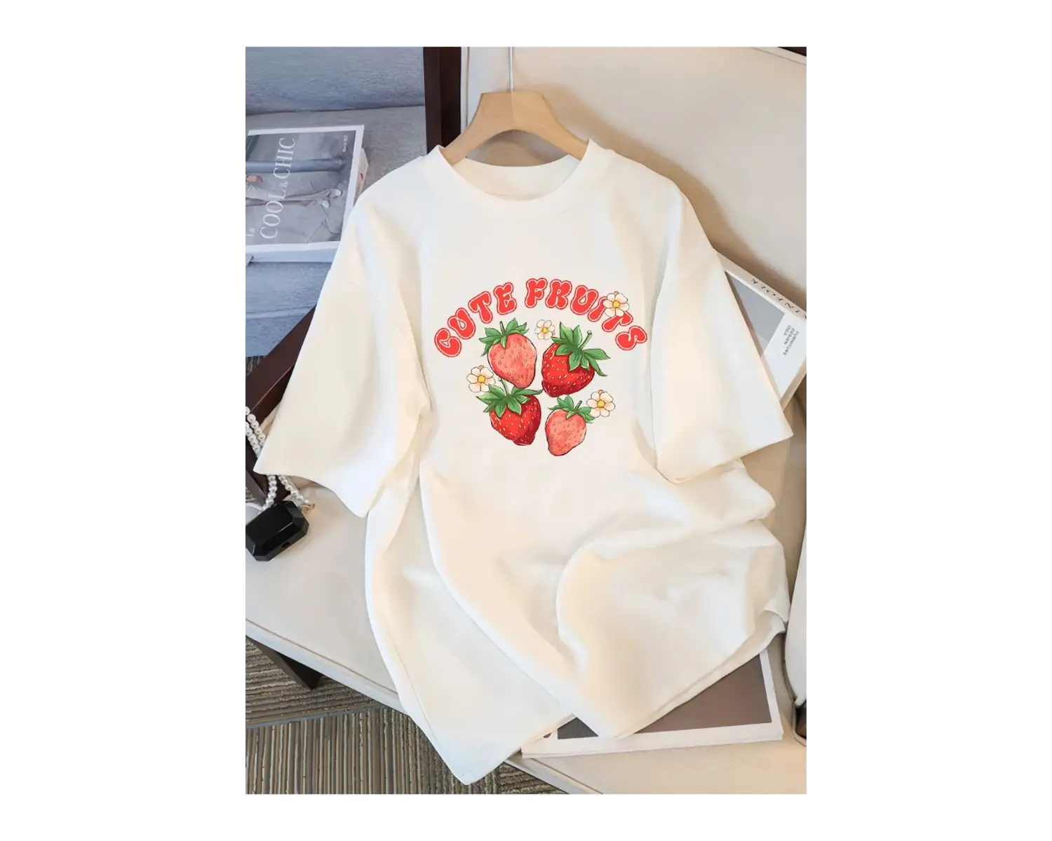 Beyaz Taze Çilek Meyve Baskılar Sokak Yaz Tees Serin Nefes Spor