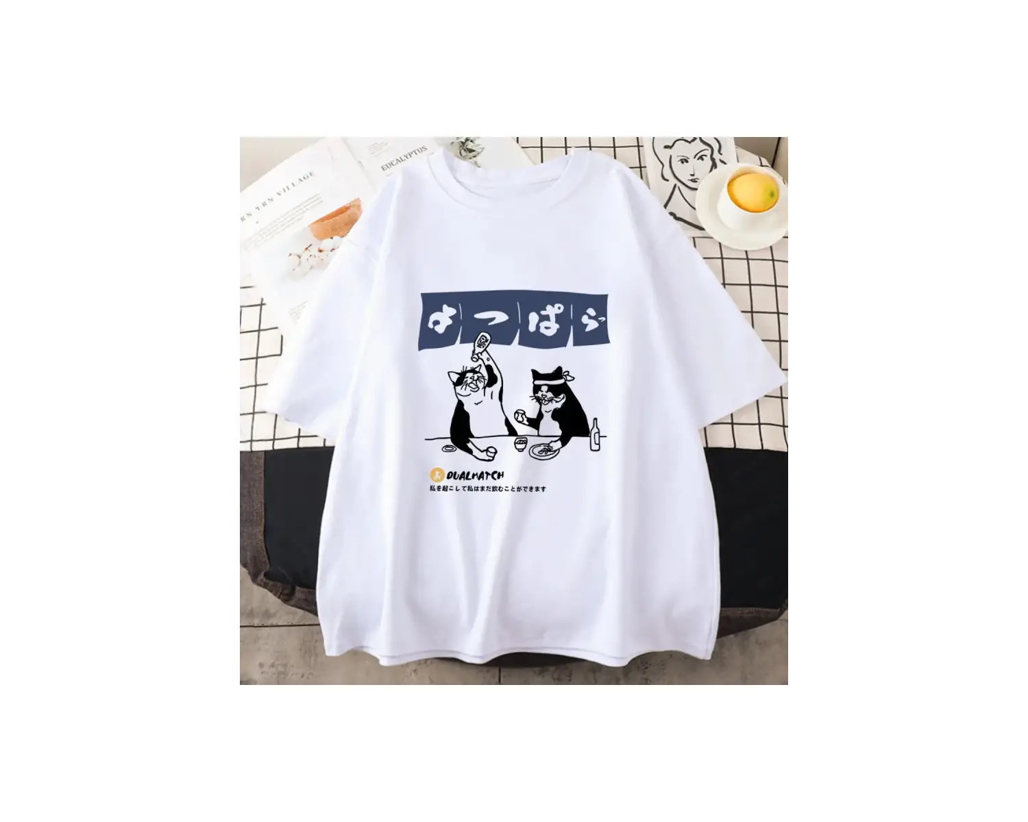 Beyaz Tshirt Streetwear japon Harajuku komik içme kedi yaz karikatür T S