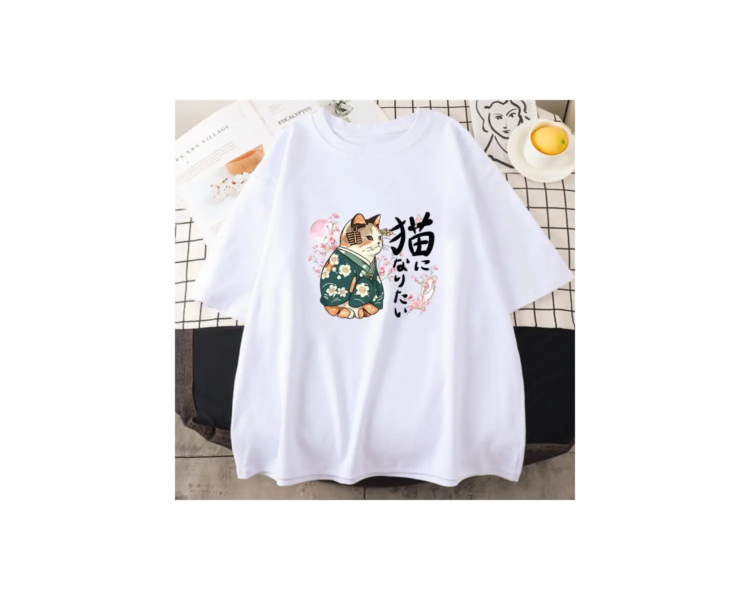 Beyaz Ukiyoe Kanji Kedi Japon Tarzı Çiçeği Sakura Pembe li