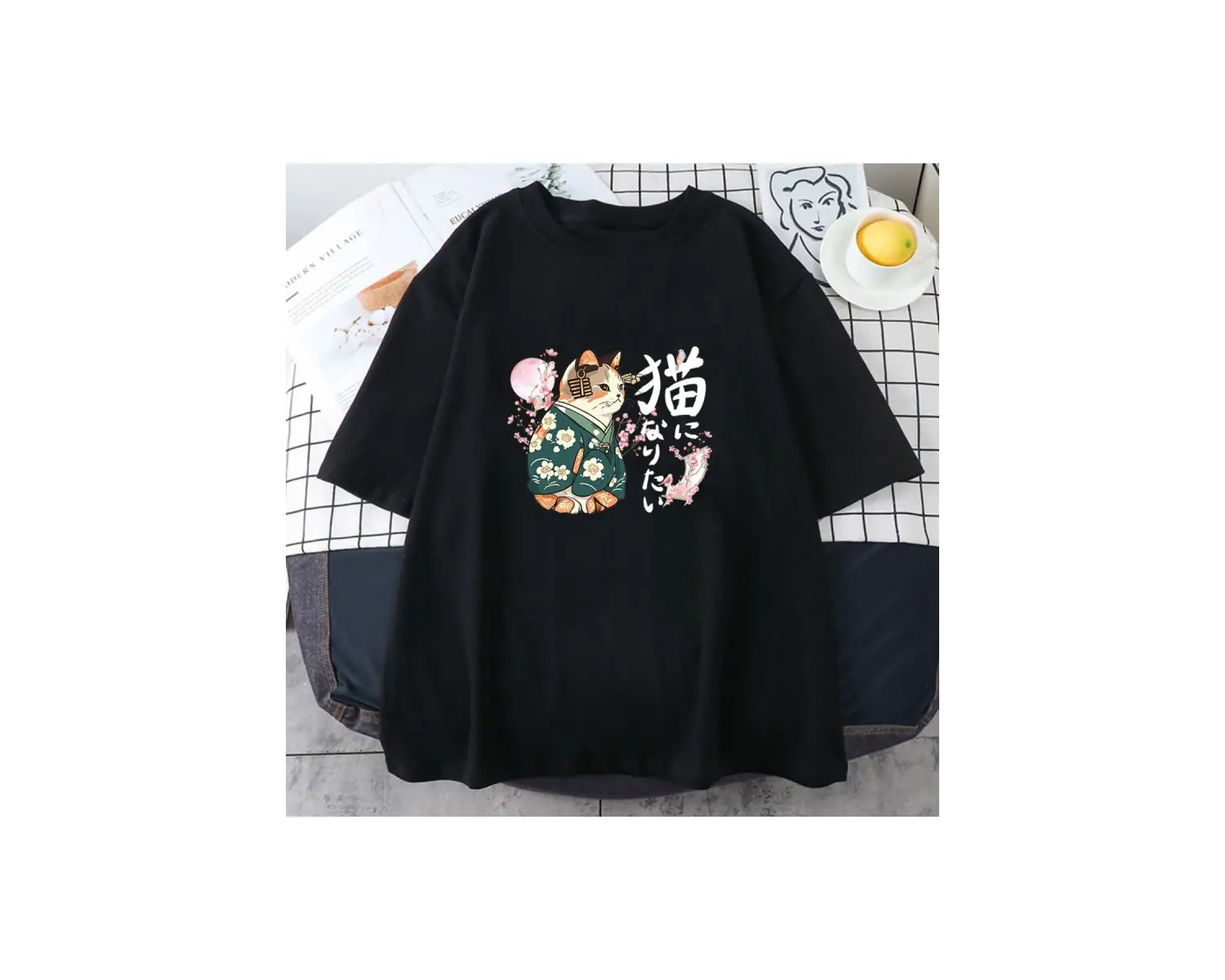 Beyaz Ukiyoe Kanji Kedi Japon Tarzı Çiçeği Sakura Pembe li