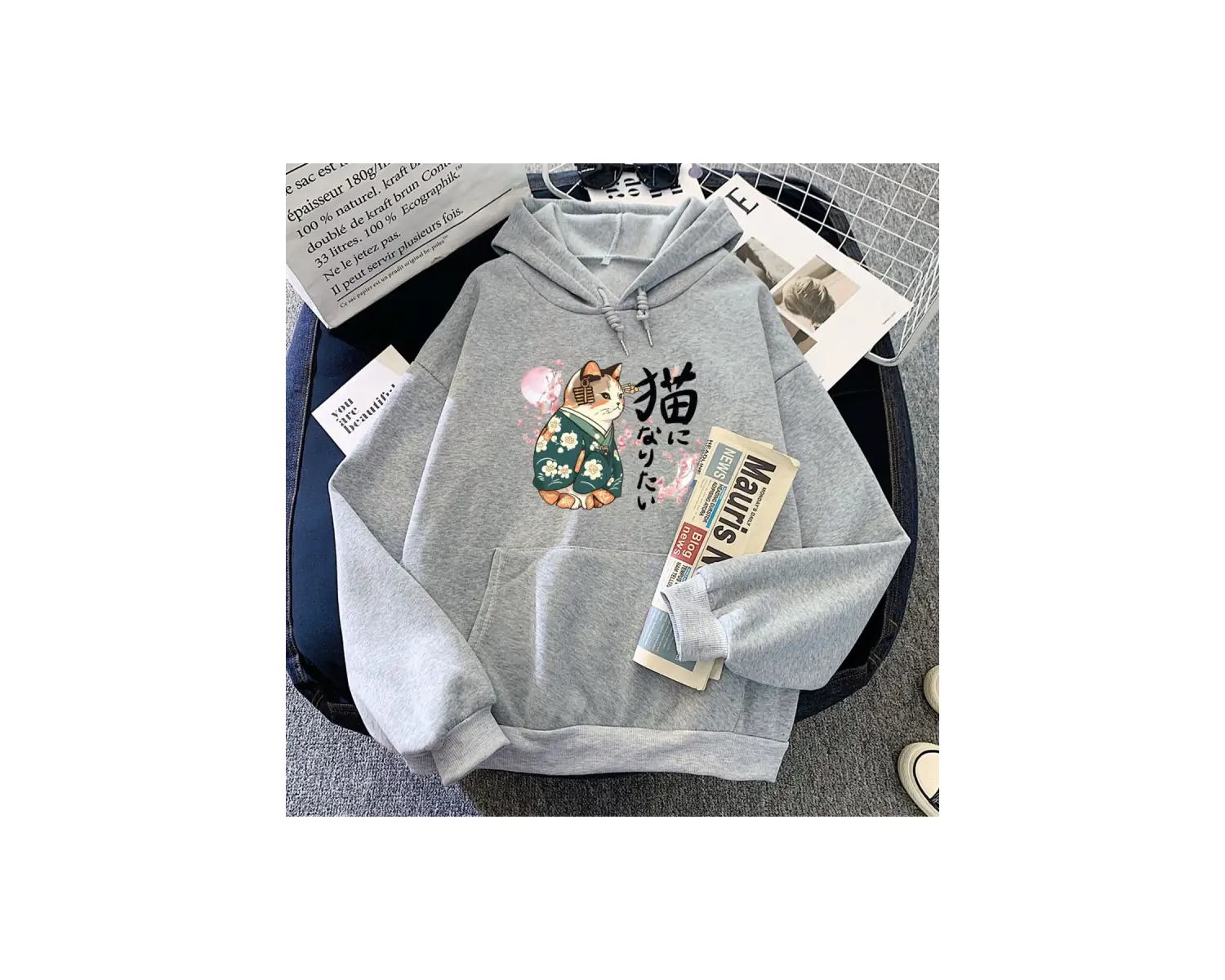 Beyaz Ukiyoe tarzı Kanji kediHoodies japon çiçeği Sakura grafik rahat lar