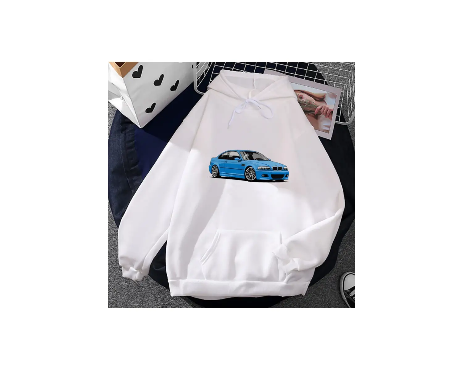 Beyaz Unisex 46 Araba Baskıi Yakışıklı Sokak Rahat Rahat Kapşonlu Sonbahar P