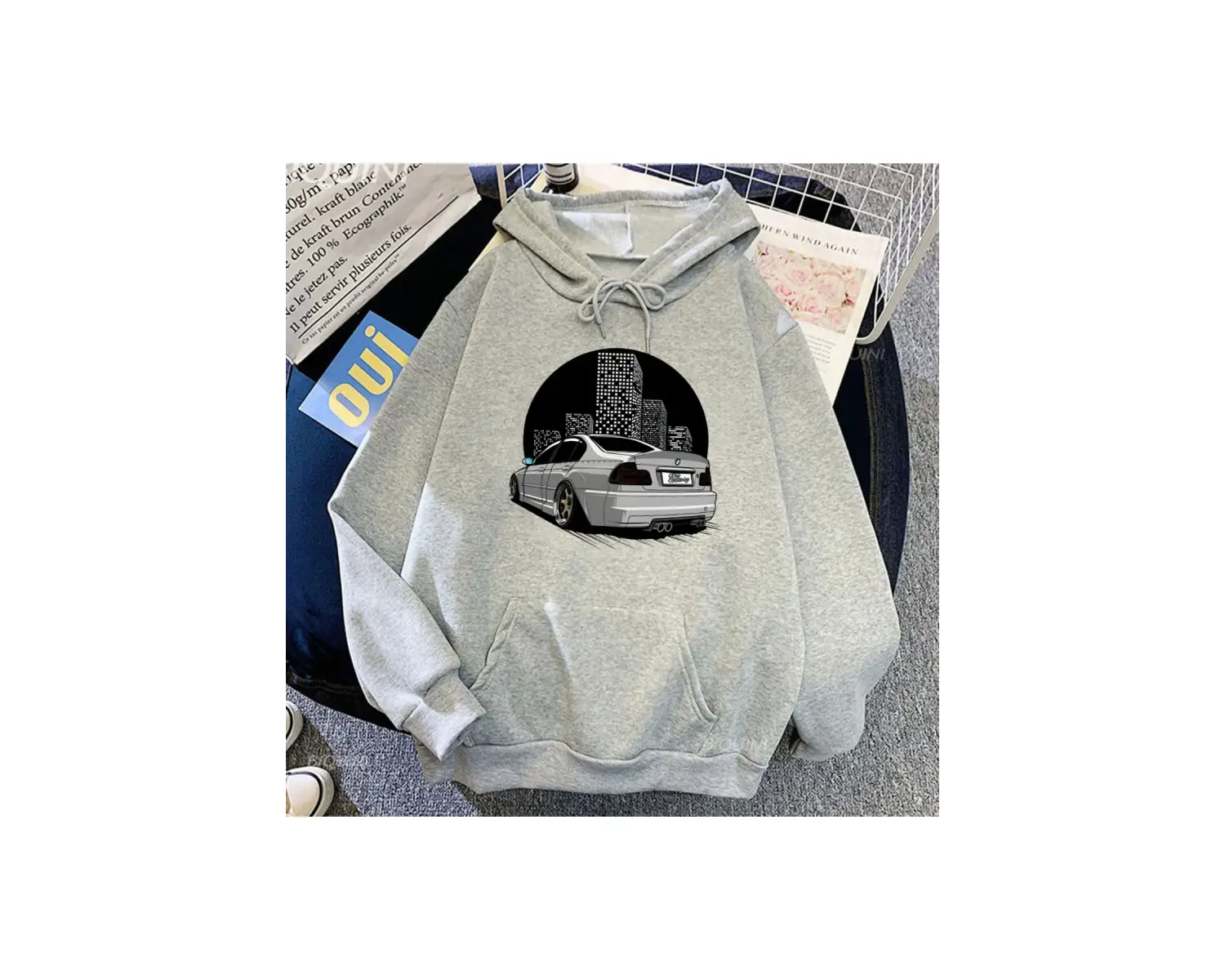 Beyaz Unisex Araba Baskı Grafik Kapüşonlular Yaygın Sokak Sonbahar Rahat Kapşonlu Y