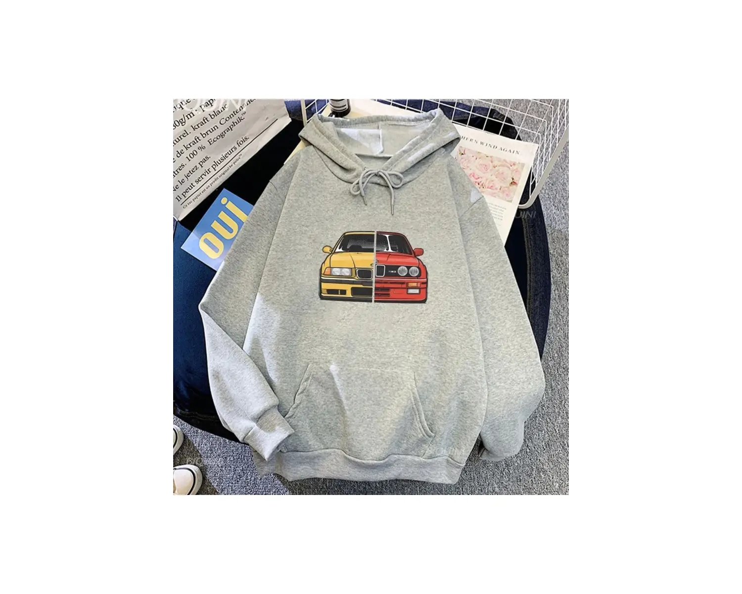 Beyaz Unisex Araba Grafik Hoodie Sonbahar Rahat Baskıevş