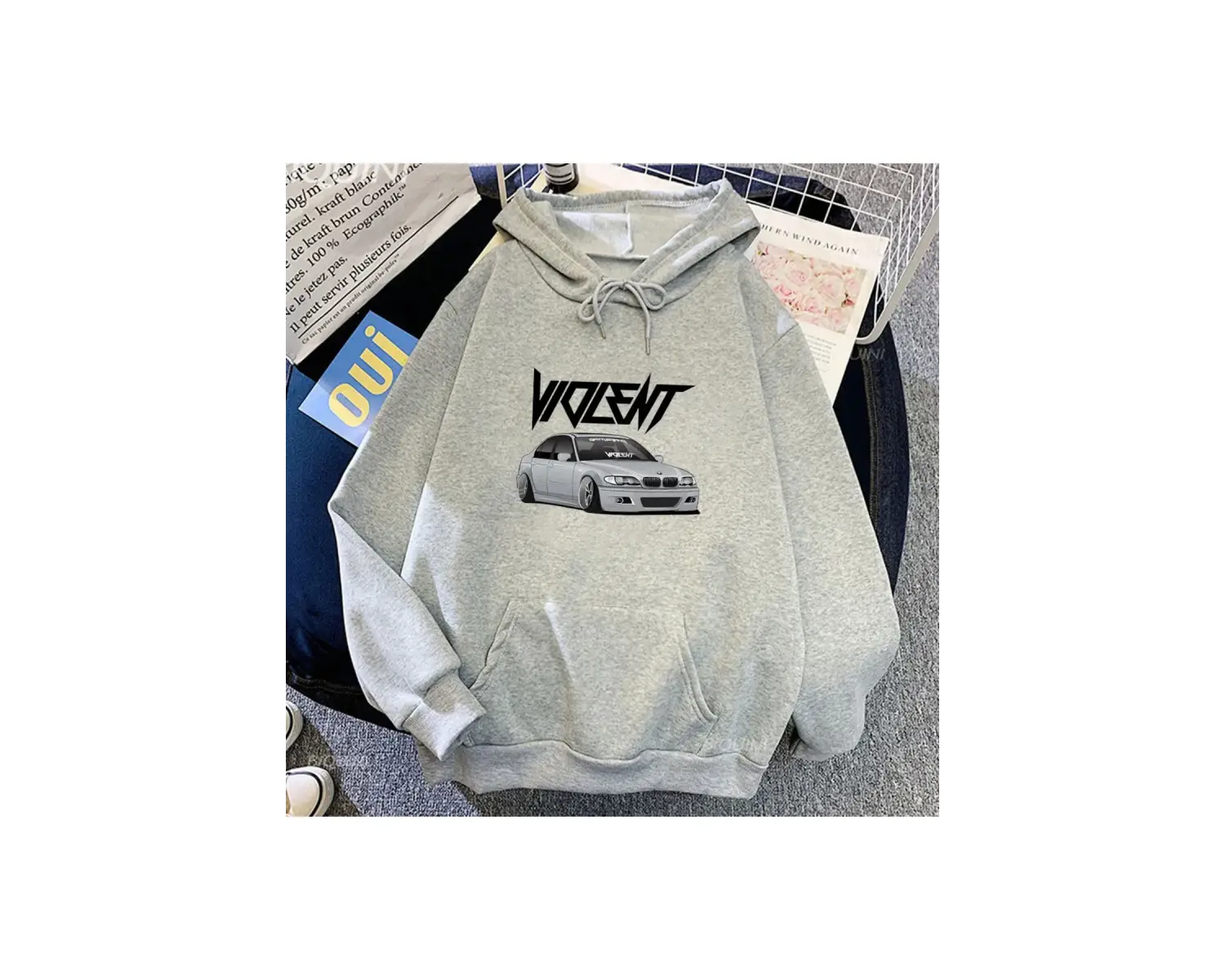 Beyaz Unisex Araba Grafik Kapüşonlular Yakışıklı Sokak Giyimerkek