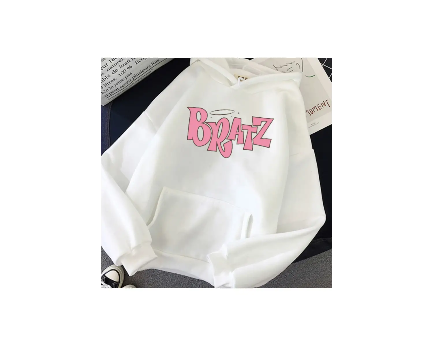 Beyaz Unisex Bratz mektup baskılı kapüşonlu sonbahar ve rahat öğr