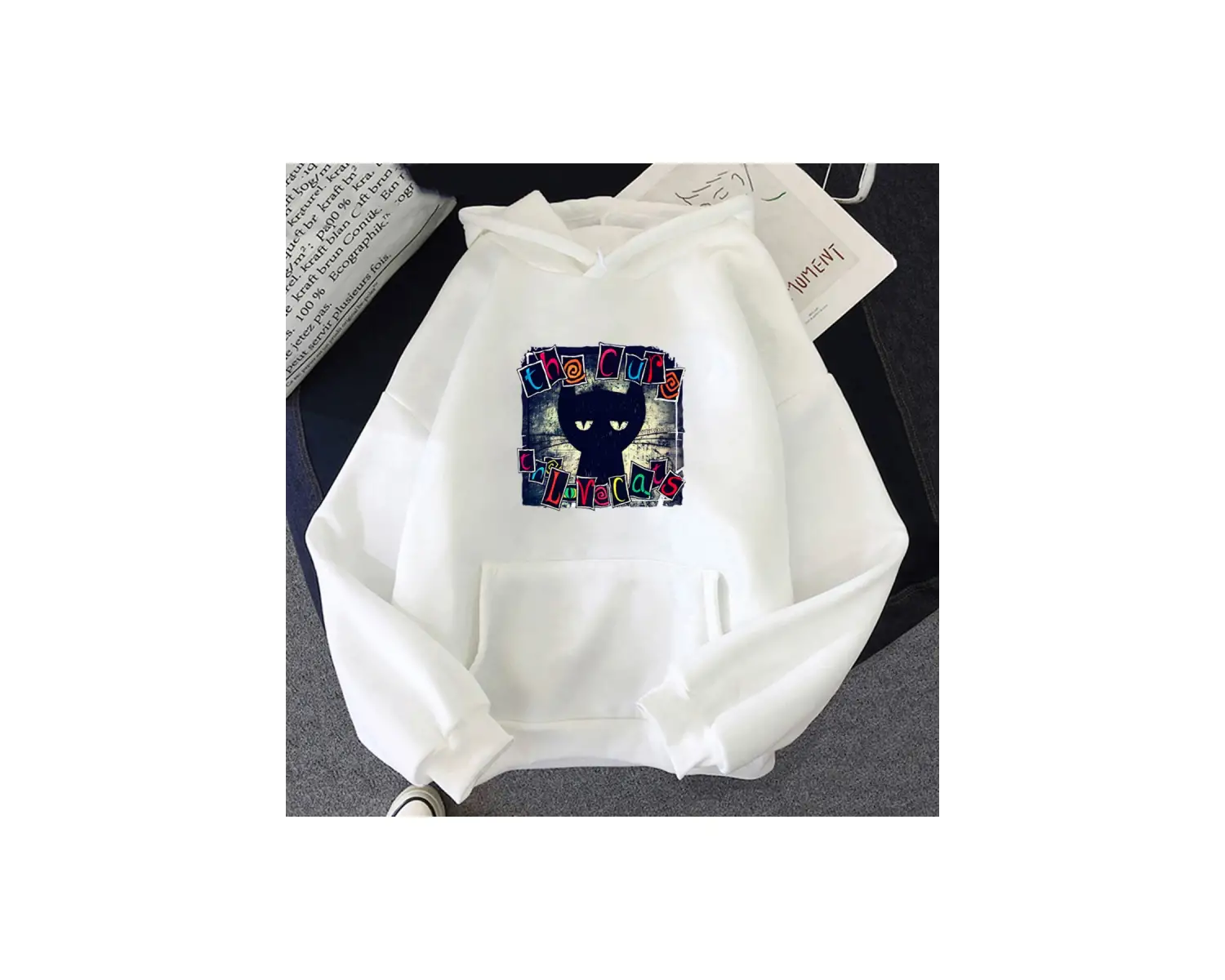 Beyaz Unisex Cure Aşk Kediler Kapüşonlular Hip Hop Gotik Sokak KışSonbahar Karikatür Baskı