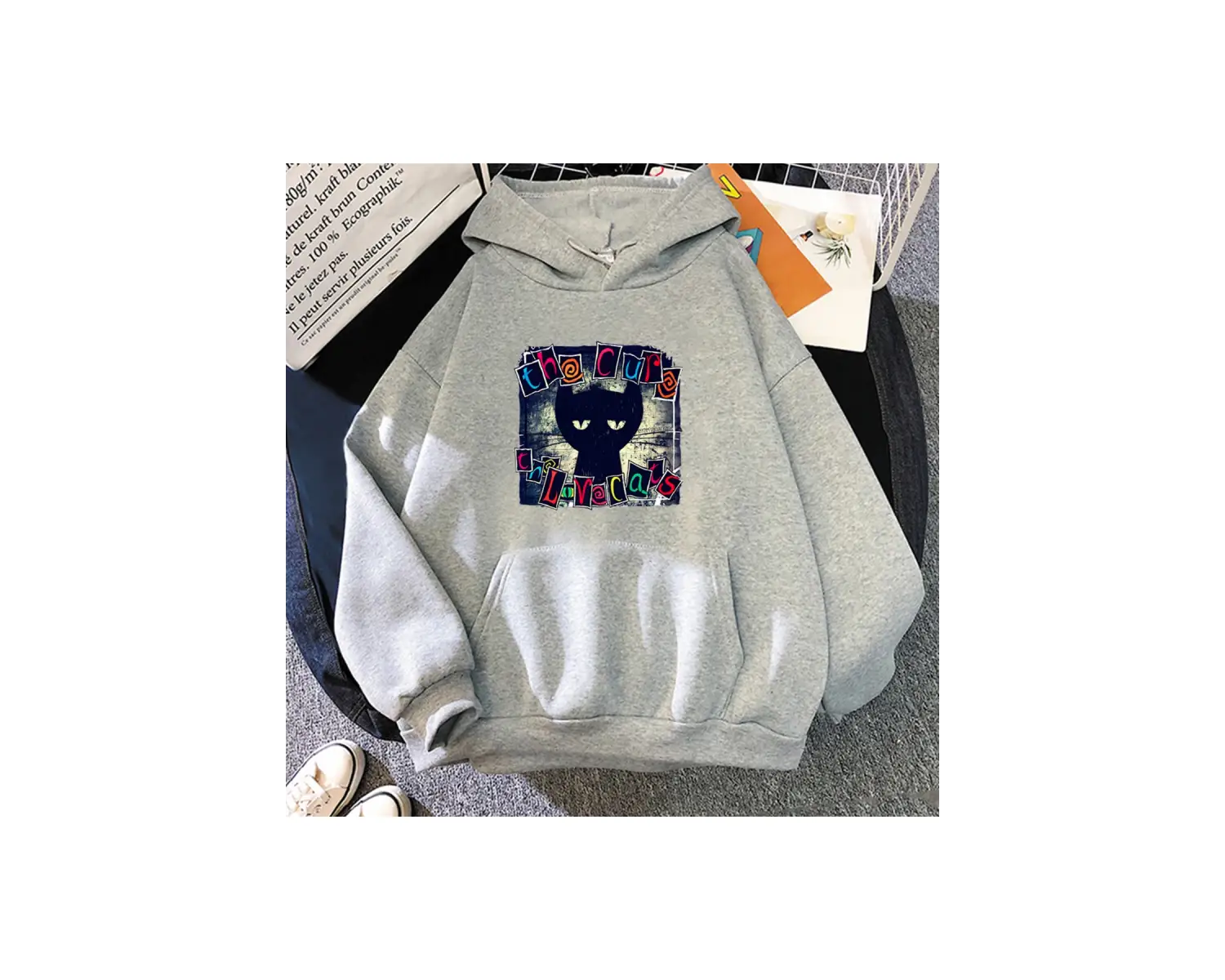 Beyaz Unisex Cure Aşk Kediler Kapüşonlular Hip Hop Gotik Sokak KışSonbahar Karikatür Baskı