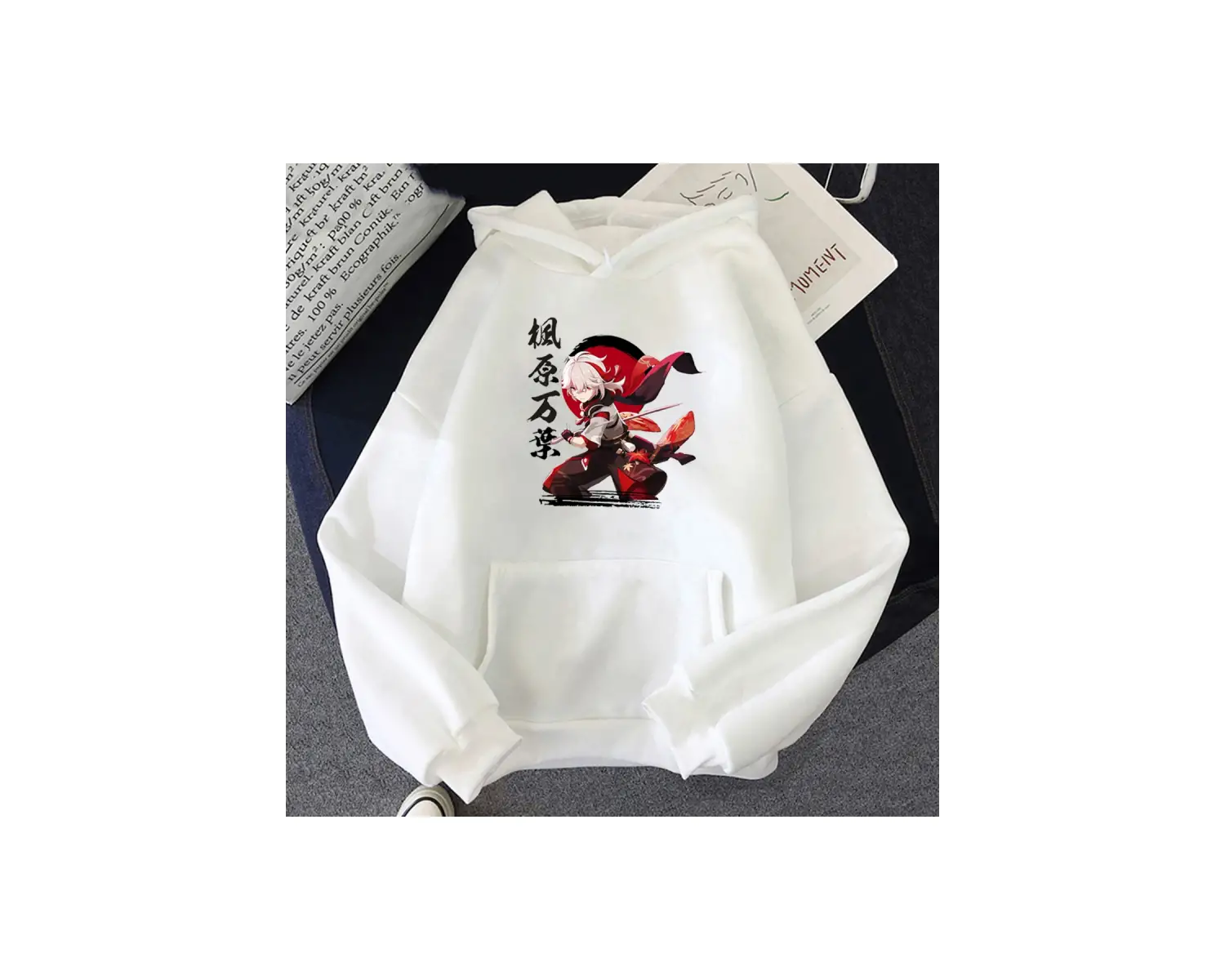 Beyaz Unisex Genshin darbeli kapüşonlu üst Kaedehara Kazuha baskı Hoody karakter aktif ka