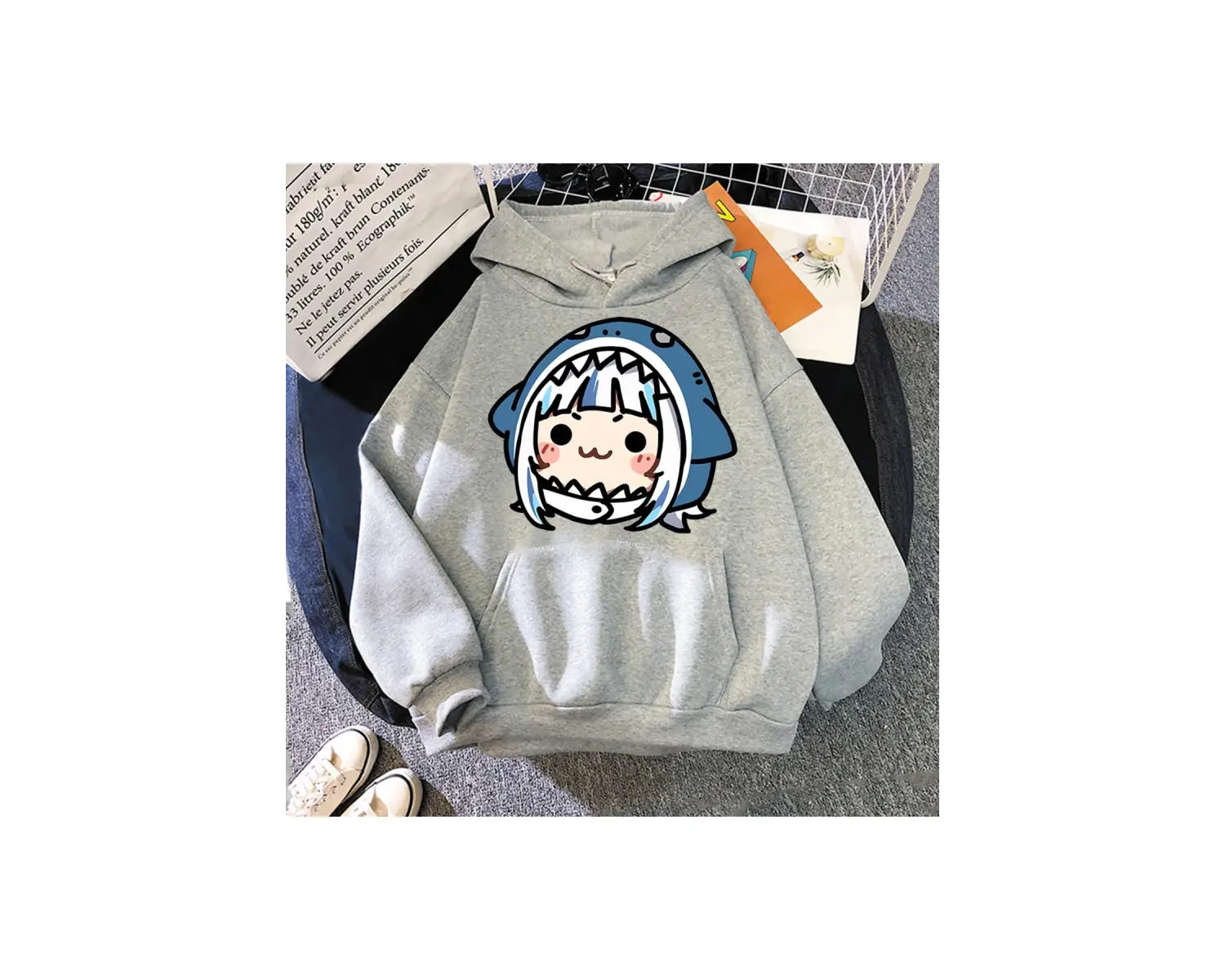 Beyaz Unisex Hololive İngilizce VTuber Gawr Gura Merch nedensel japon Streetwear uzun kol