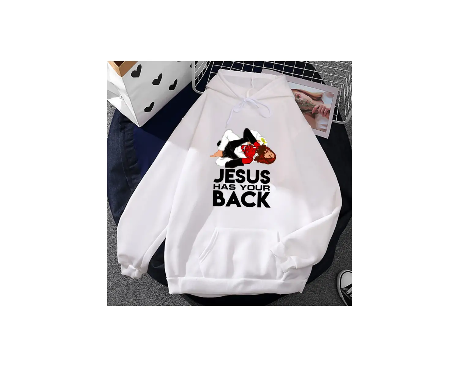Beyaz Unisex Jiu Jitsu Retro hıristiyan Vintage İsa geri grafik kapüşonlu k