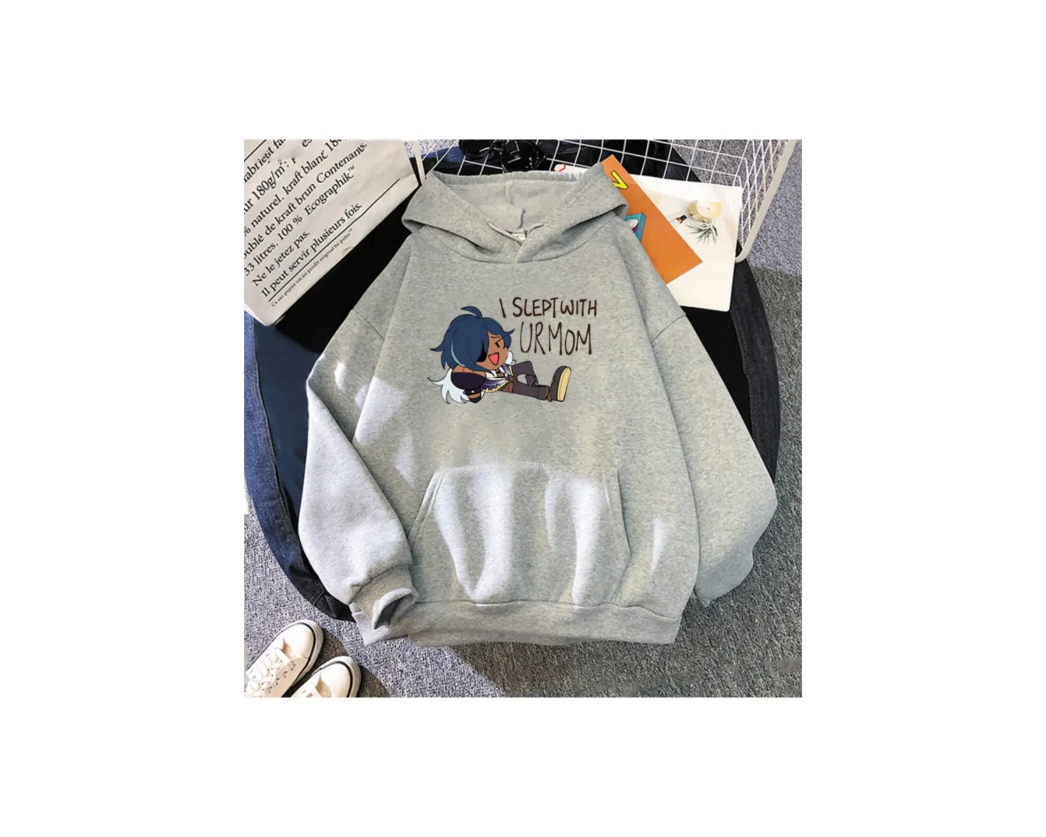 Beyaz Unisex Kaeya Genshin Etki Meme baskılı kapüşonlu Boy Kawaii Grafik Kapü